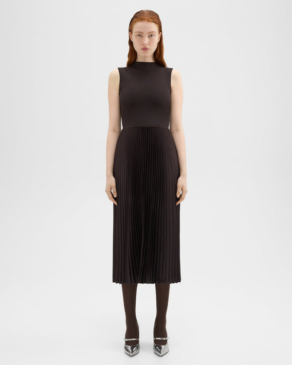 Theory Pleated Combo Dress in Textured Satin - Mink