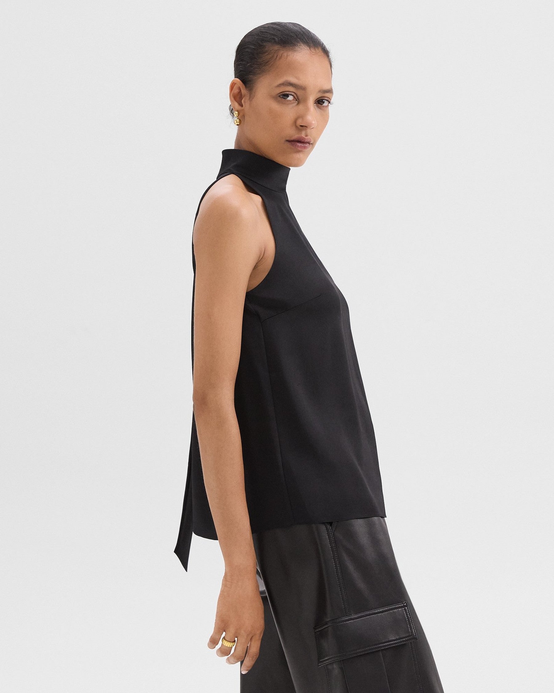 Theory Tie-Neck Halter Top in Textured Satin - Nocturne Navy