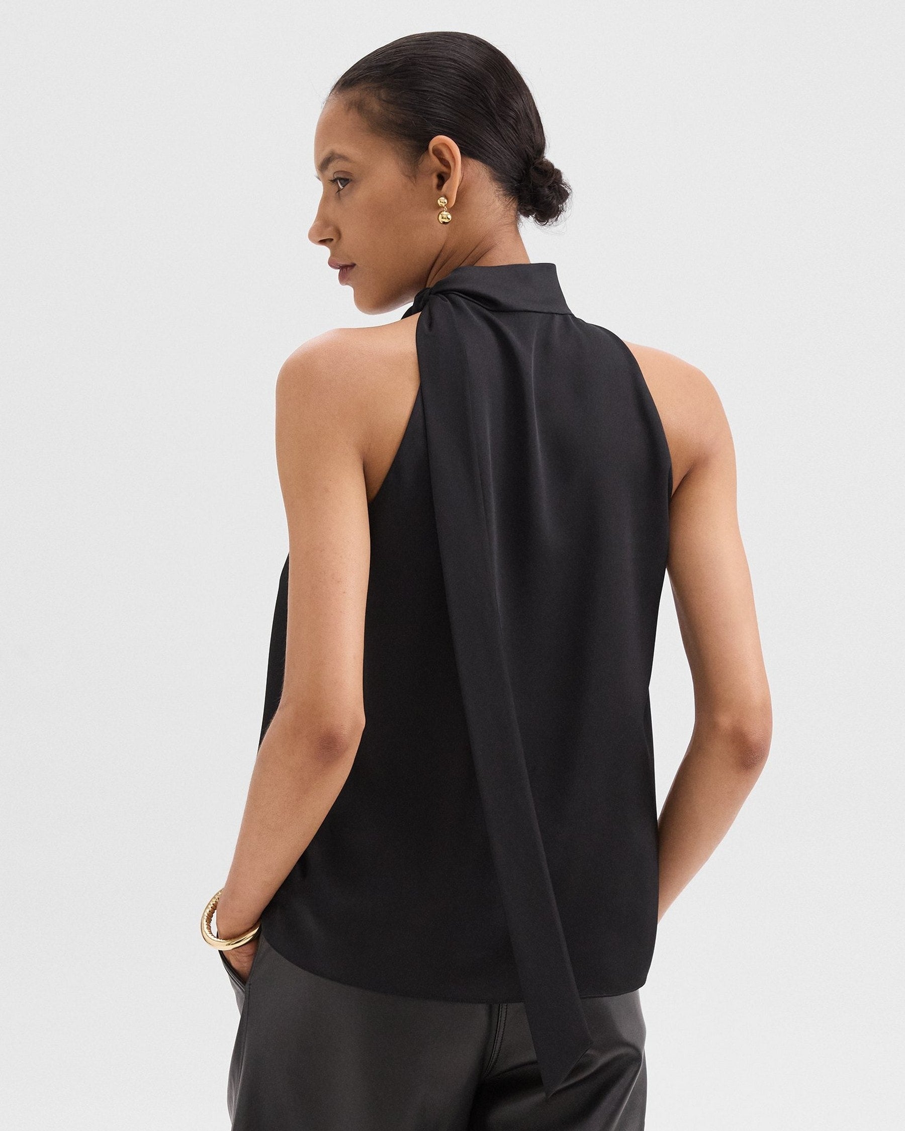 Theory Tie-Neck Halter Top in Textured Satin - Nocturne Navy