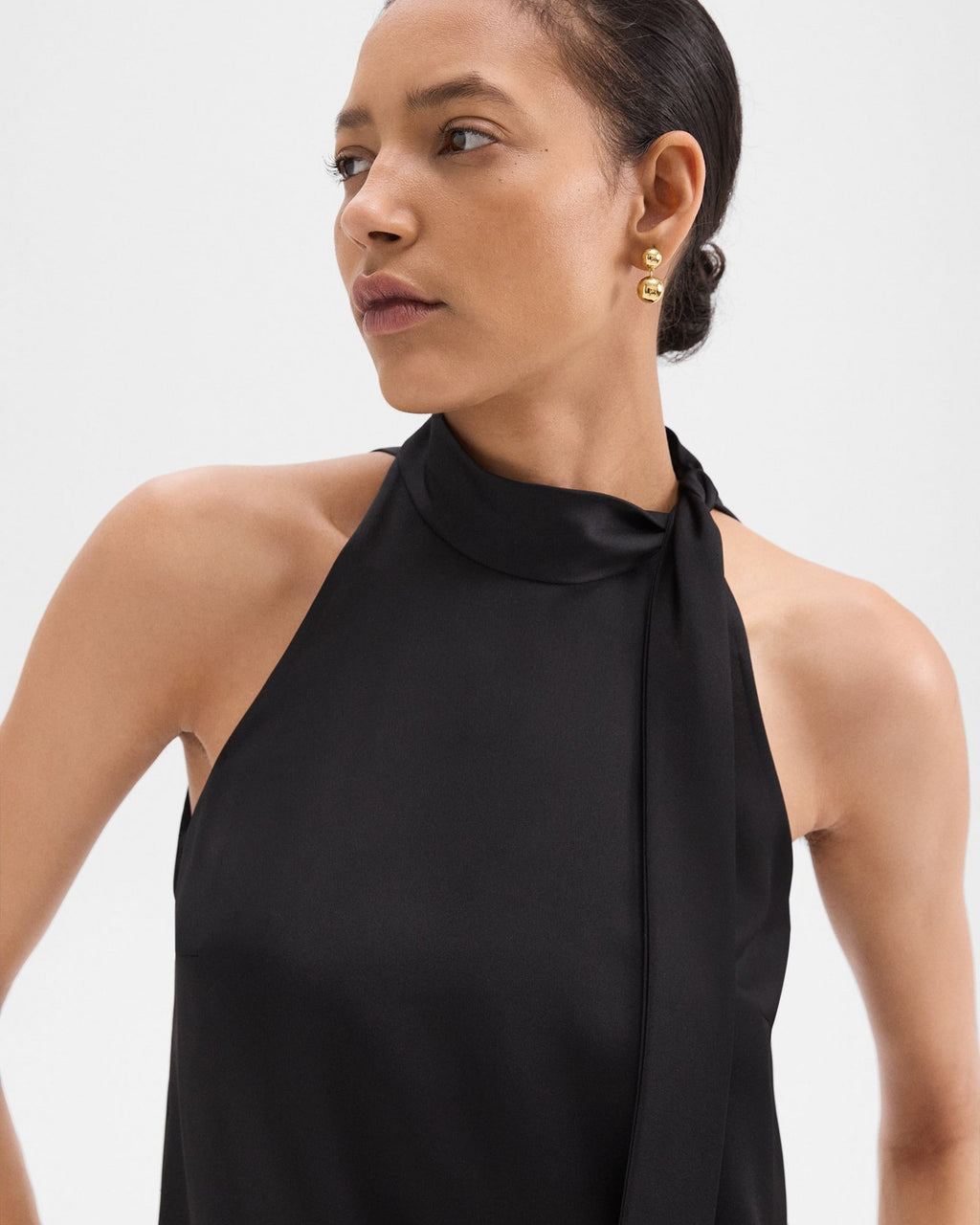 Theory Tie-Neck Halter Top in Textured Satin - Nocturne Navy