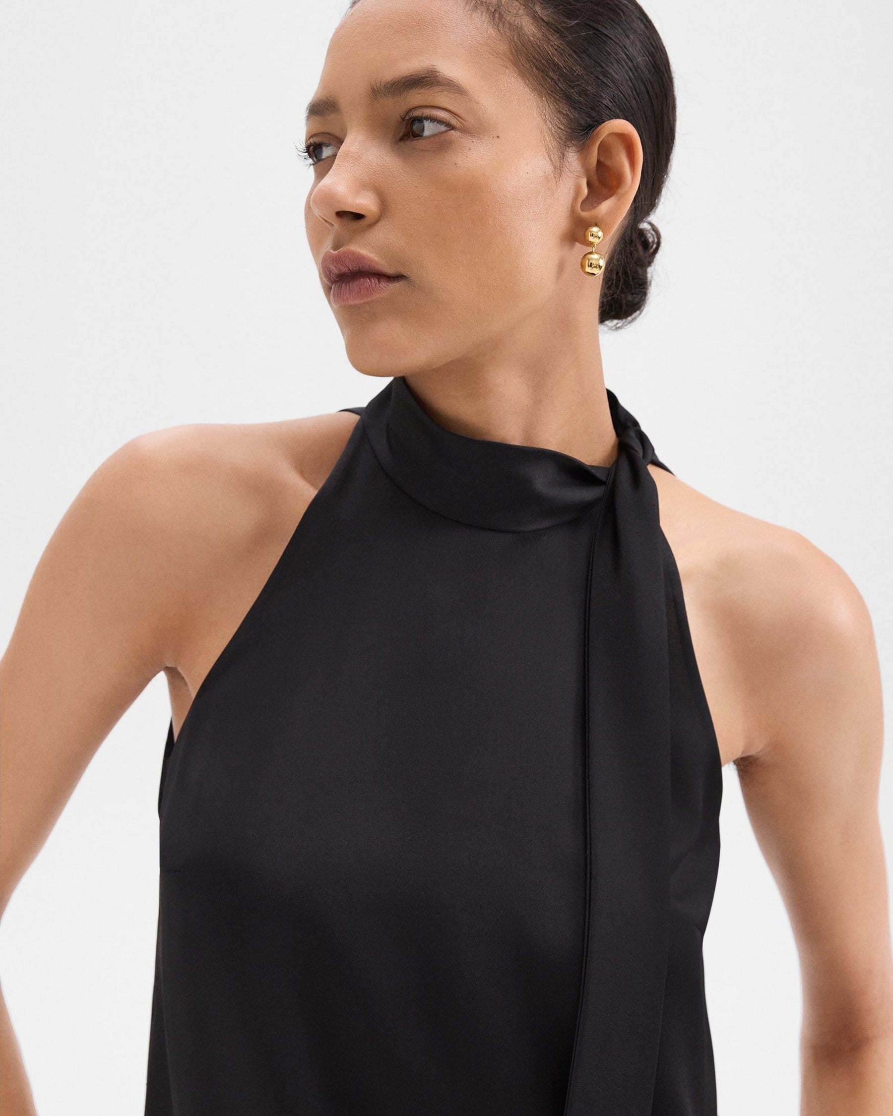 Theory Tie-Neck Halter Top in Textured Satin - Nocturne Navy