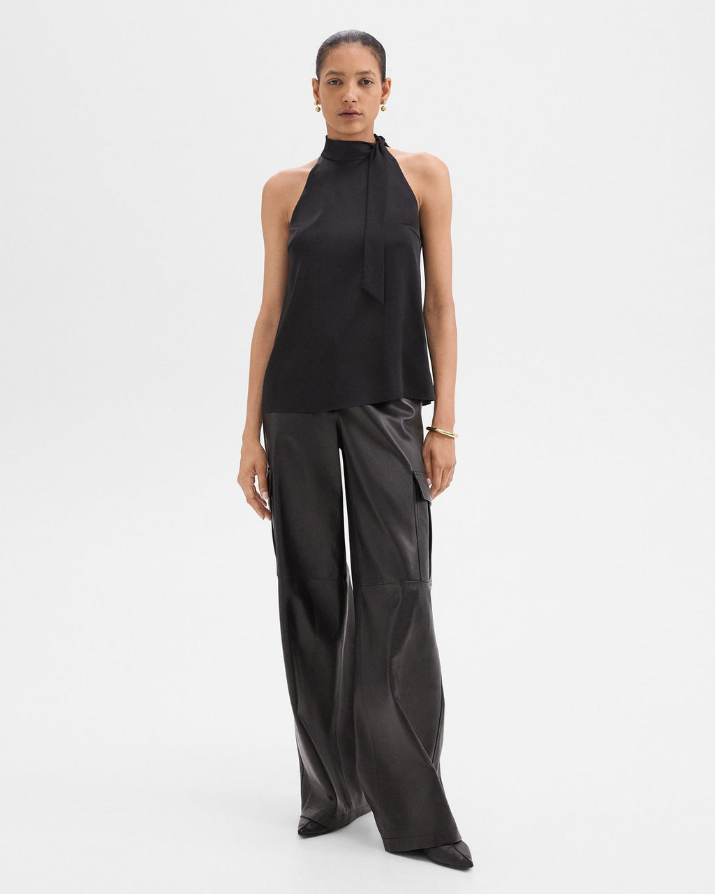 Theory Tie-Neck Halter Top in Textured Satin - Nocturne Navy