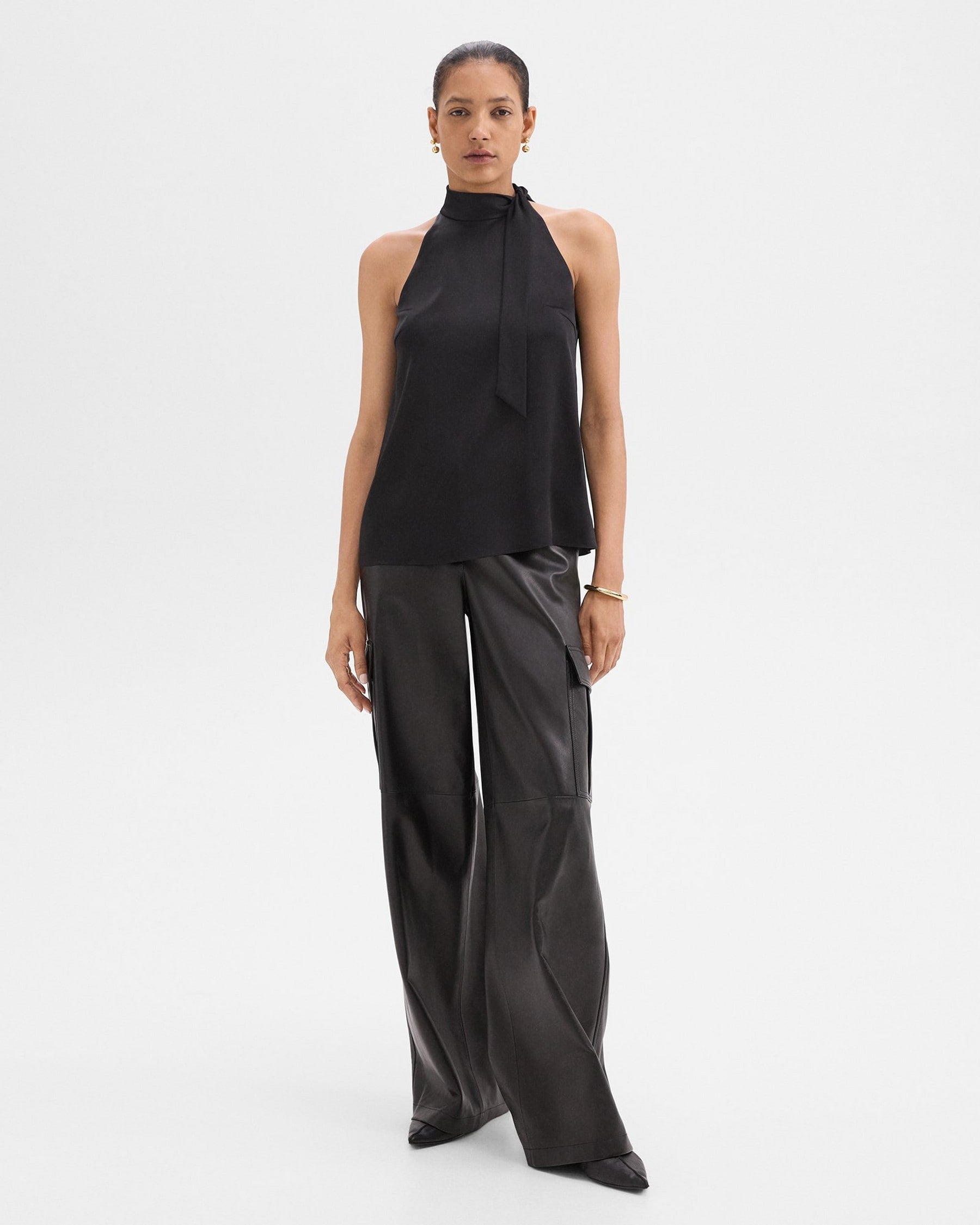 Theory Tie-Neck Halter Top in Textured Satin - Nocturne Navy