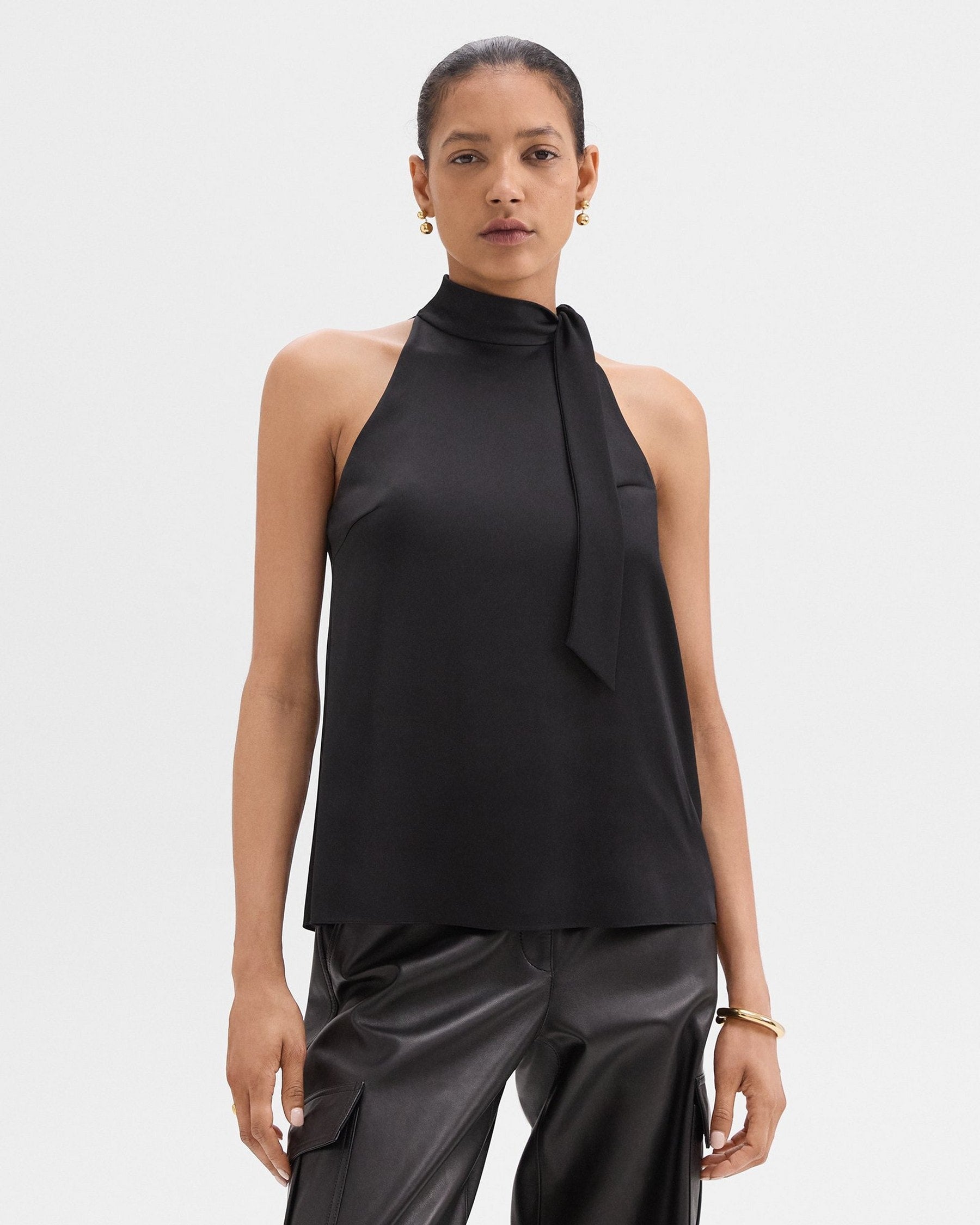 Theory Tie-Neck Halter Top in Textured Satin - Nocturne Navy