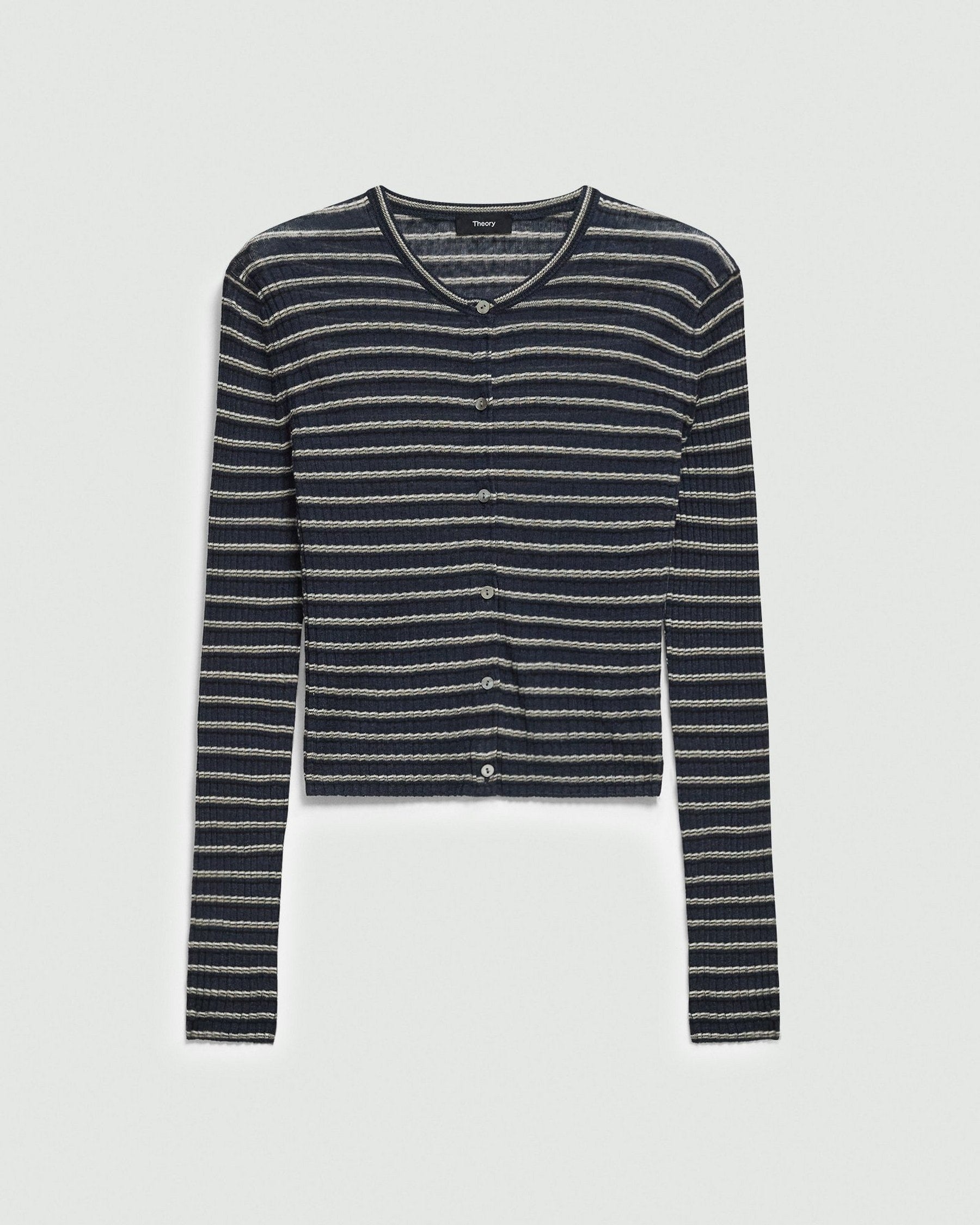 Theory Cropped Cardigan in Linen-Blend - Nocturne Navy Multi