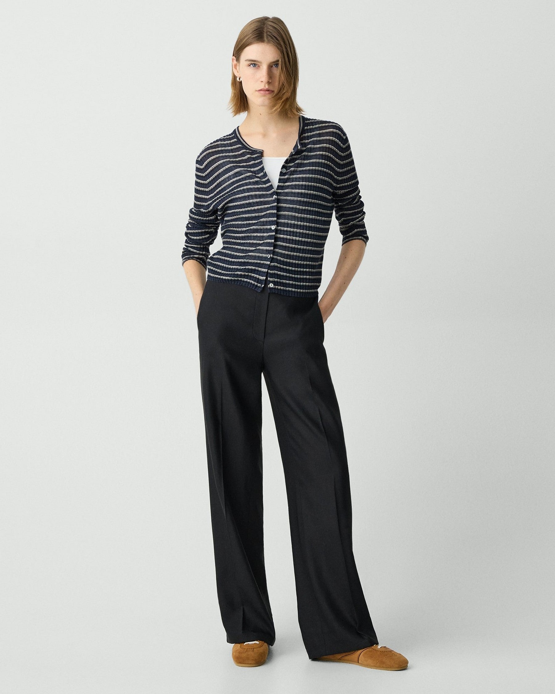 Theory Cropped Cardigan in Linen-Blend - Nocturne Navy Multi