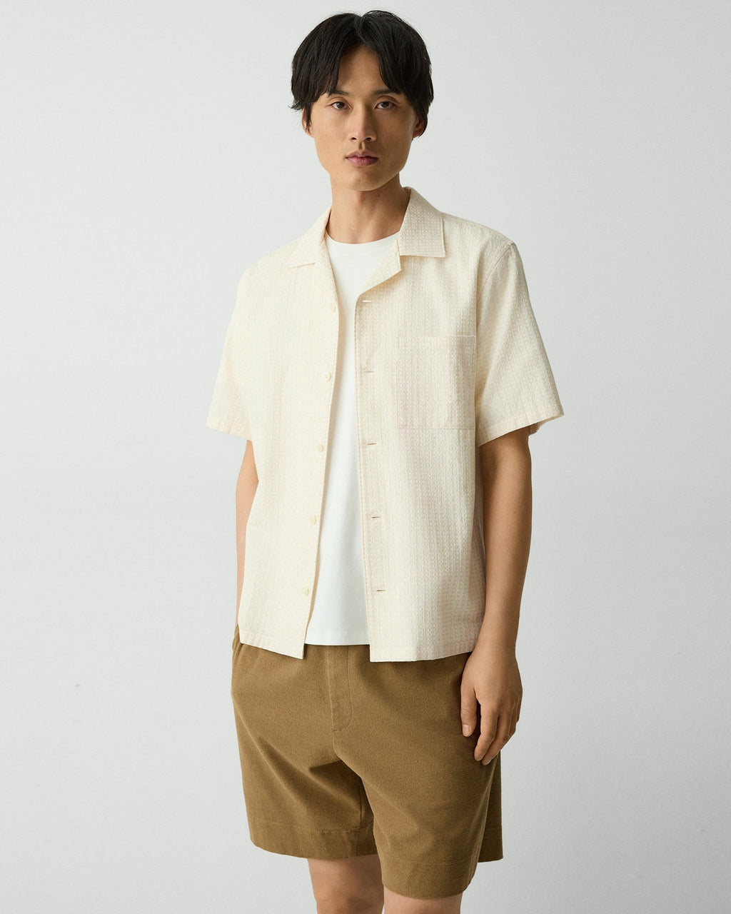 Theory Geometric Cotton Noll Camp Shirt - White/Eggshell