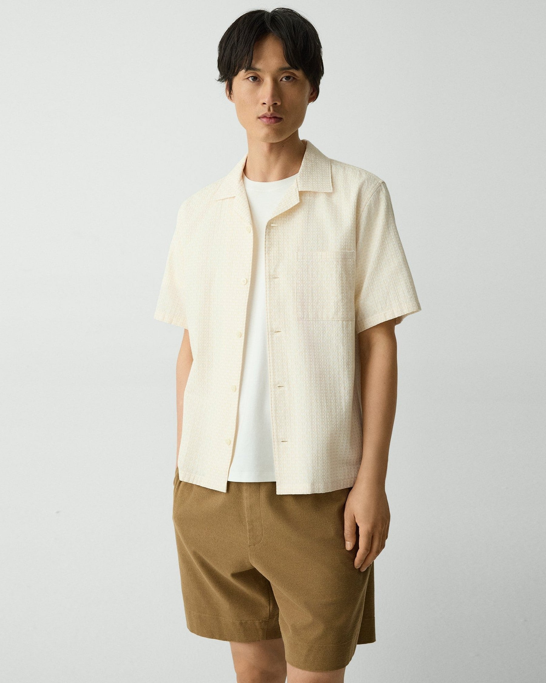 Theory Geometric Cotton Noll Camp Shirt - White/Eggshell