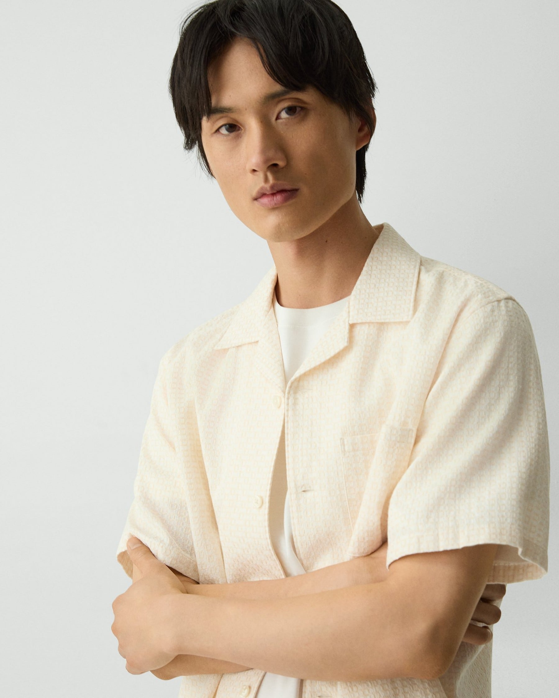 Theory Geometric Cotton Noll Camp Shirt - White/Eggshell