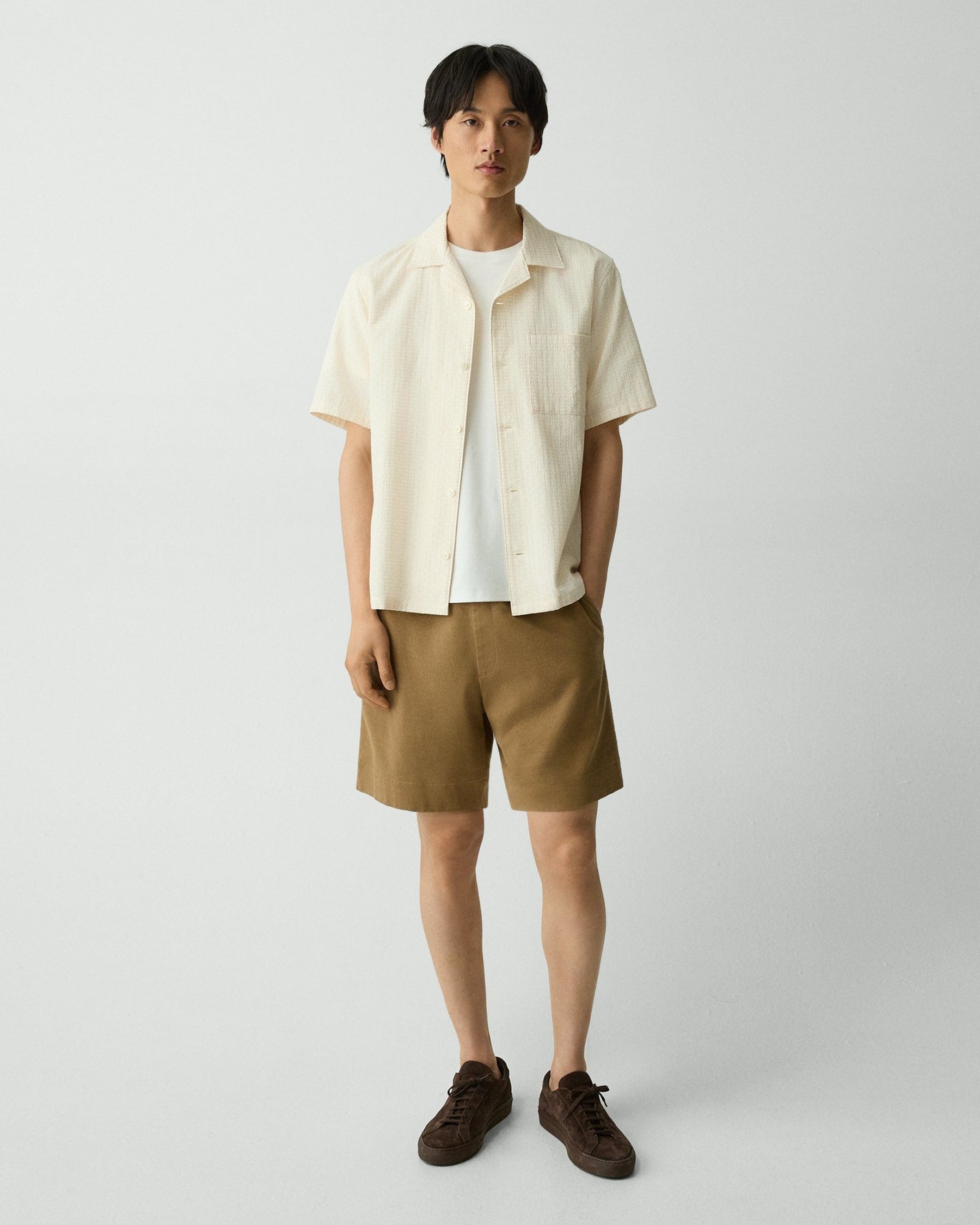Theory Geometric Cotton Noll Camp Shirt - White/Eggshell