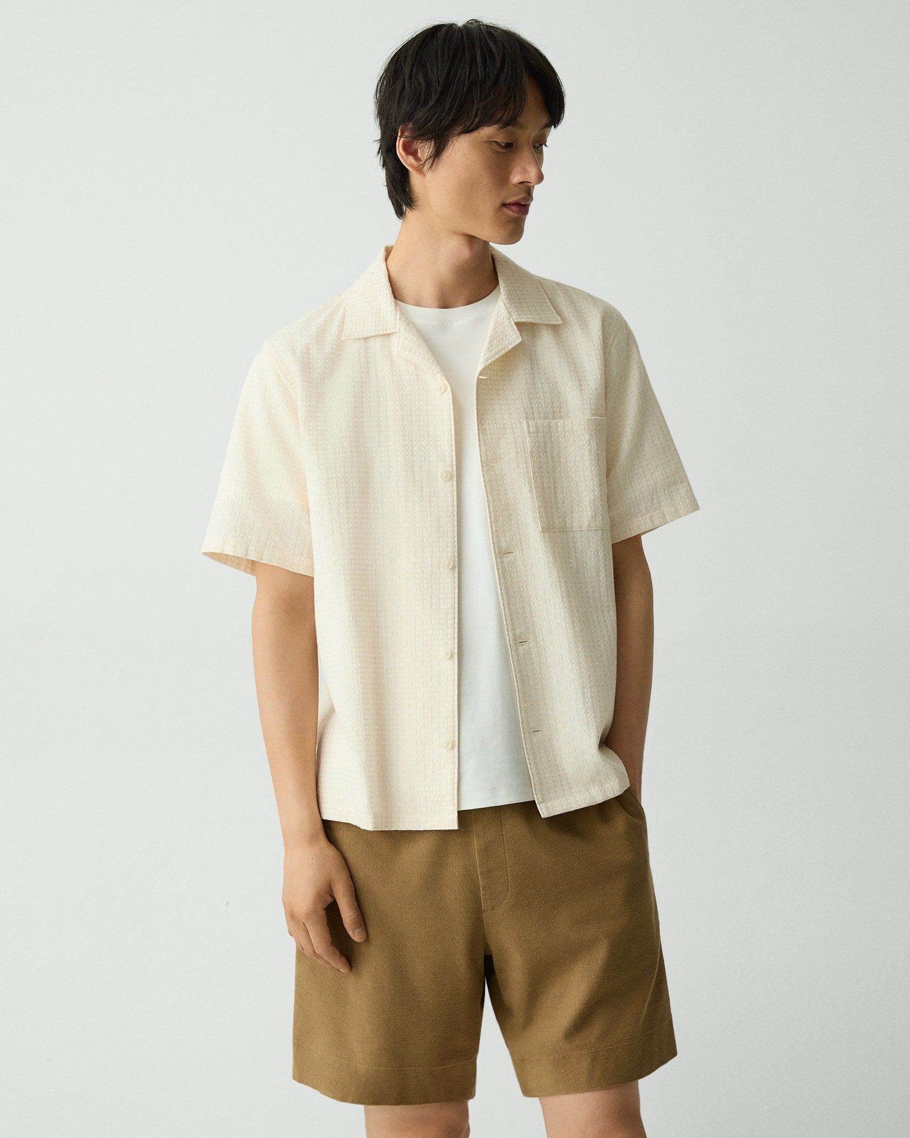 Theory Geometric Cotton Noll Camp Shirt - White/Eggshell