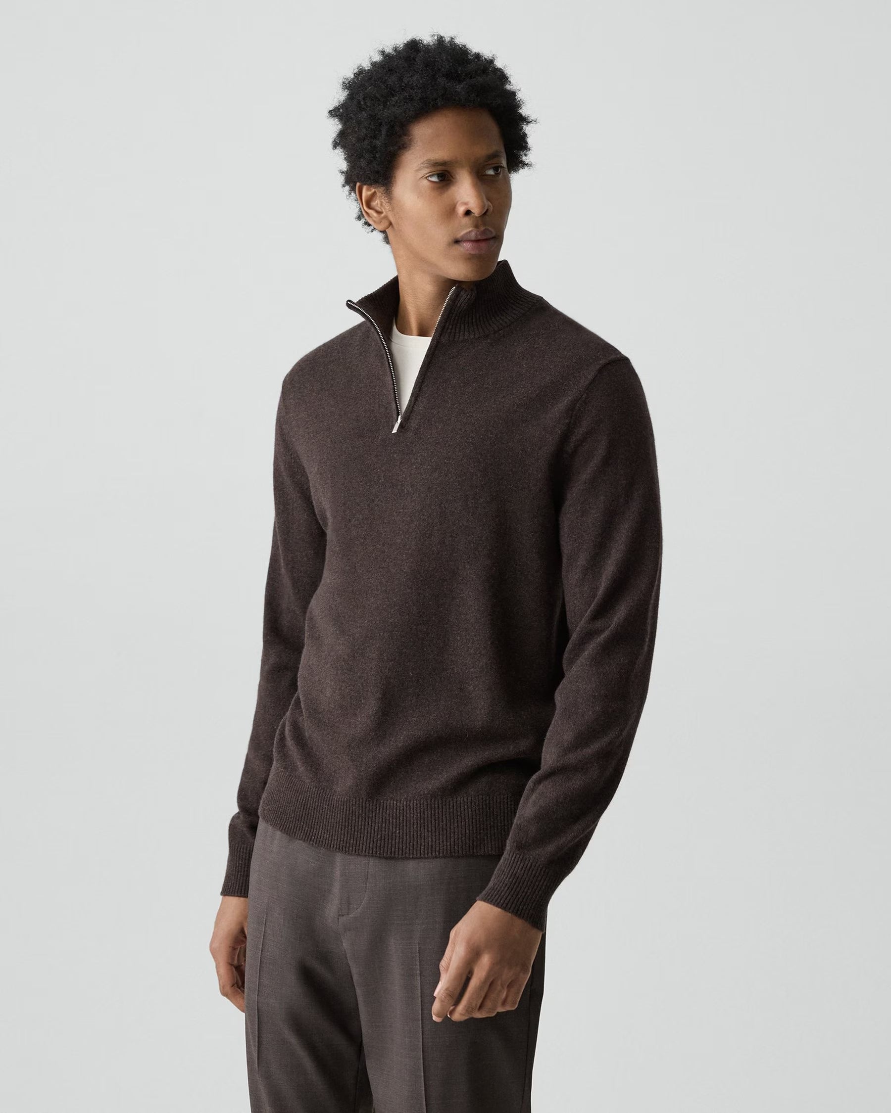 Theory Hilles Quarter-Zip Sweater in Cashmere - Brownwood Melange