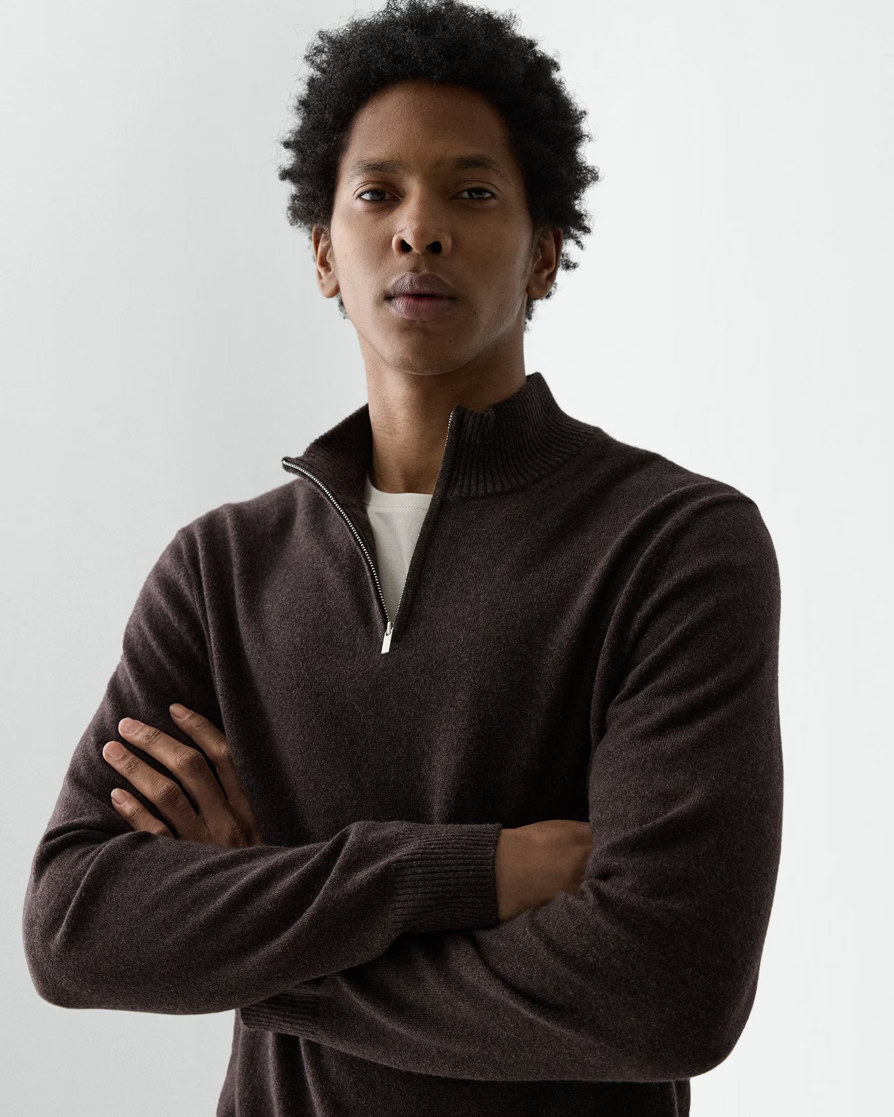 Theory Hilles Quarter-Zip Sweater in Cashmere - Brownwood Melange