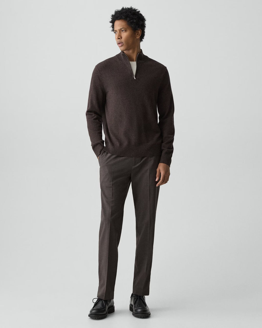 Theory Hilles Quarter-Zip Sweater in Cashmere - Brownwood Melange