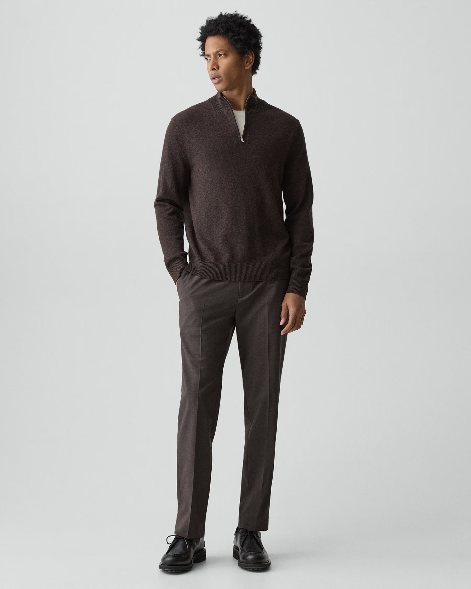 Theory Hilles Quarter-Zip Sweater in Cashmere - Brownwood Melange