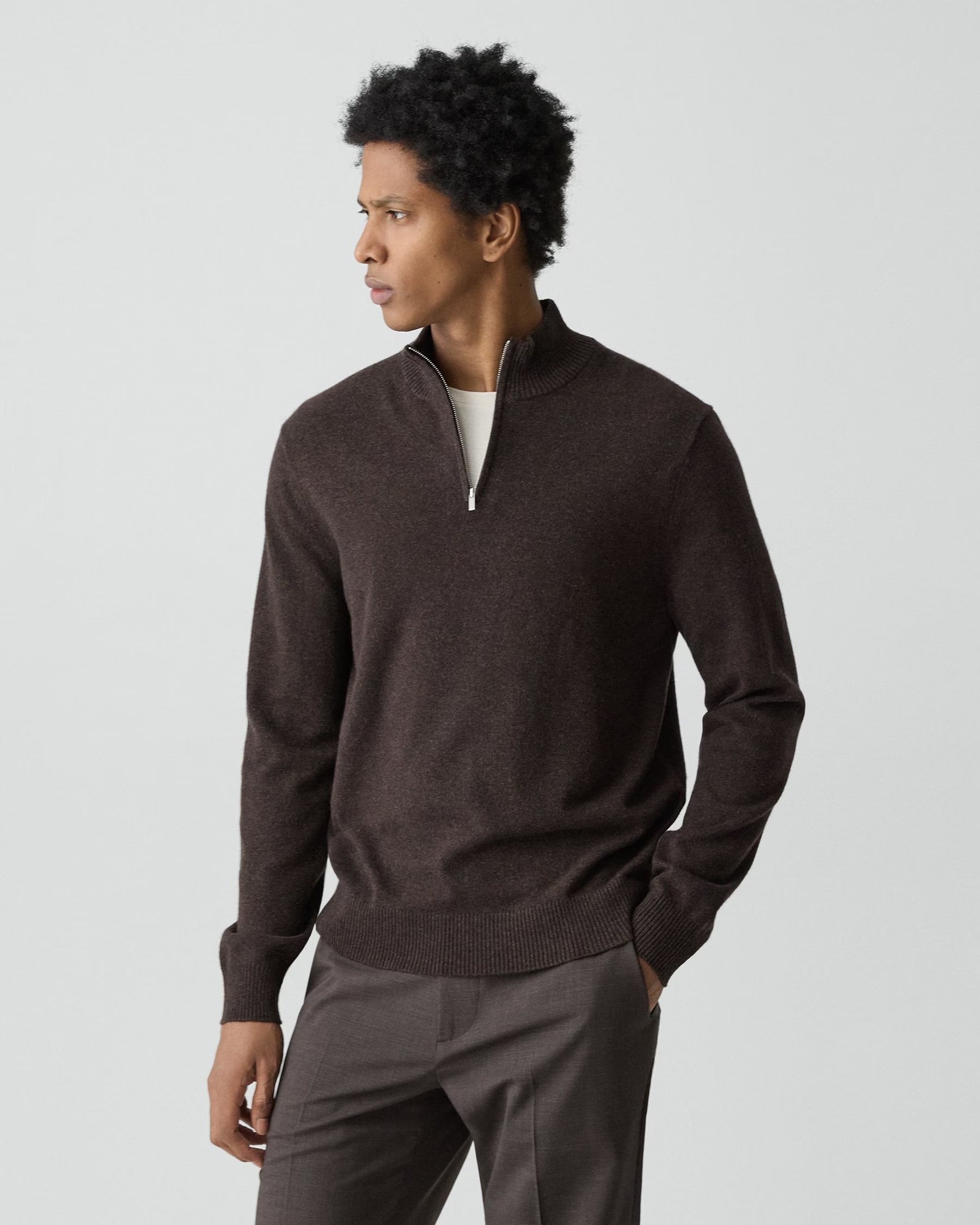 Theory Hilles Quarter-Zip Sweater in Cashmere - Brownwood Melange