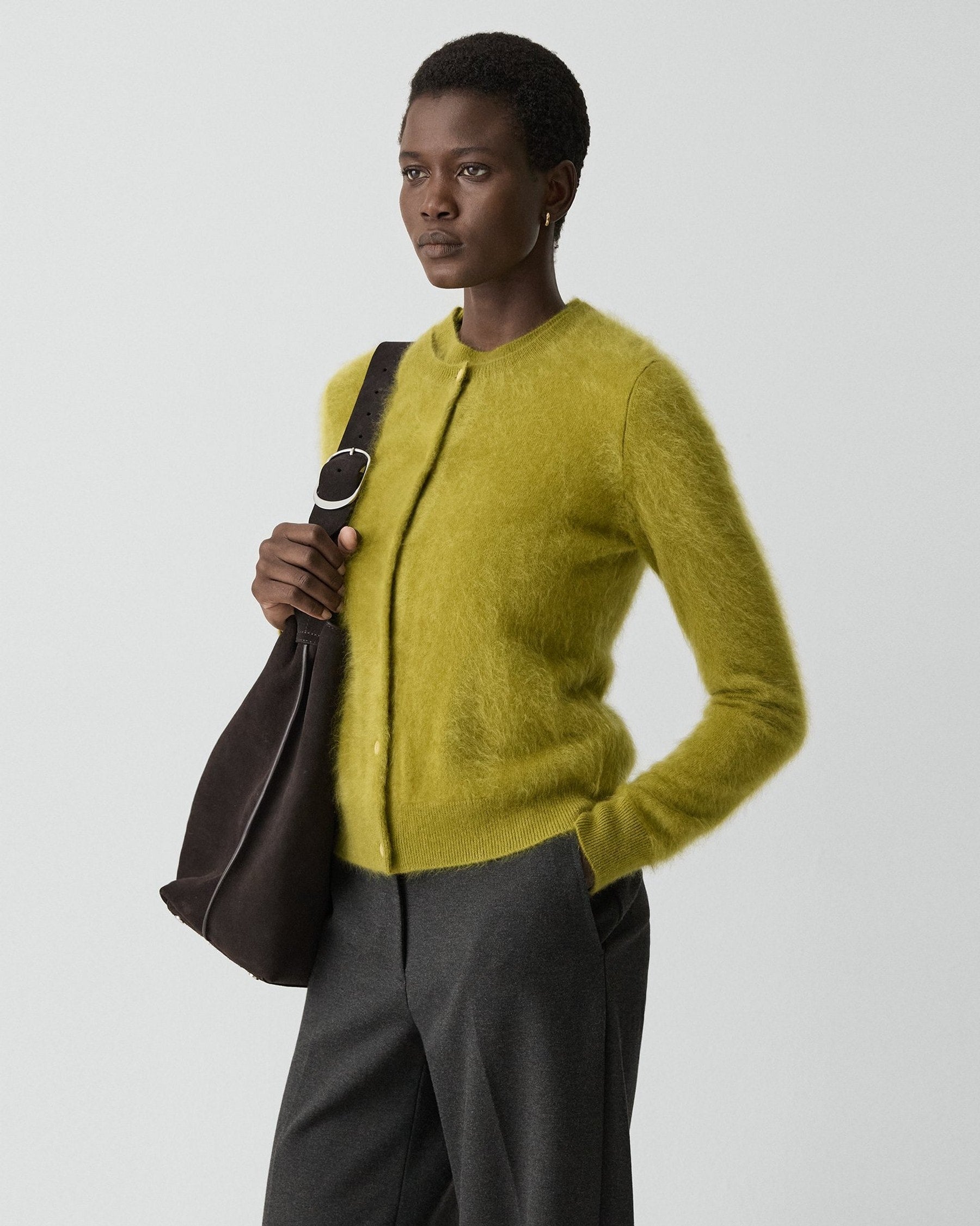 Theory Brushed Cardigan in Airy Cashmere - Dark Pear
