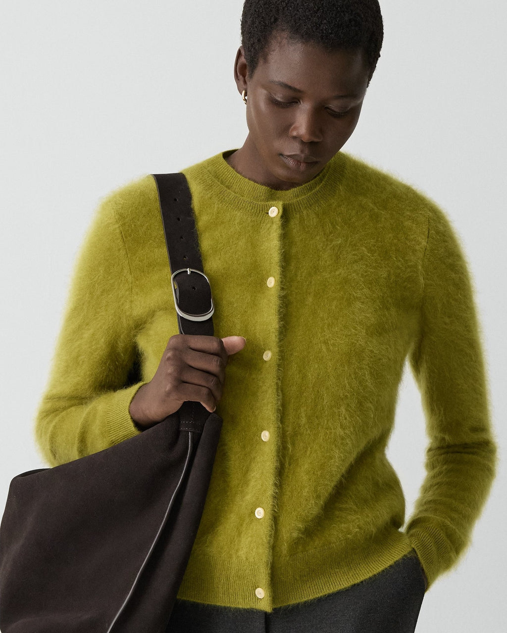 Theory Brushed Cardigan in Airy Cashmere - Dark Pear