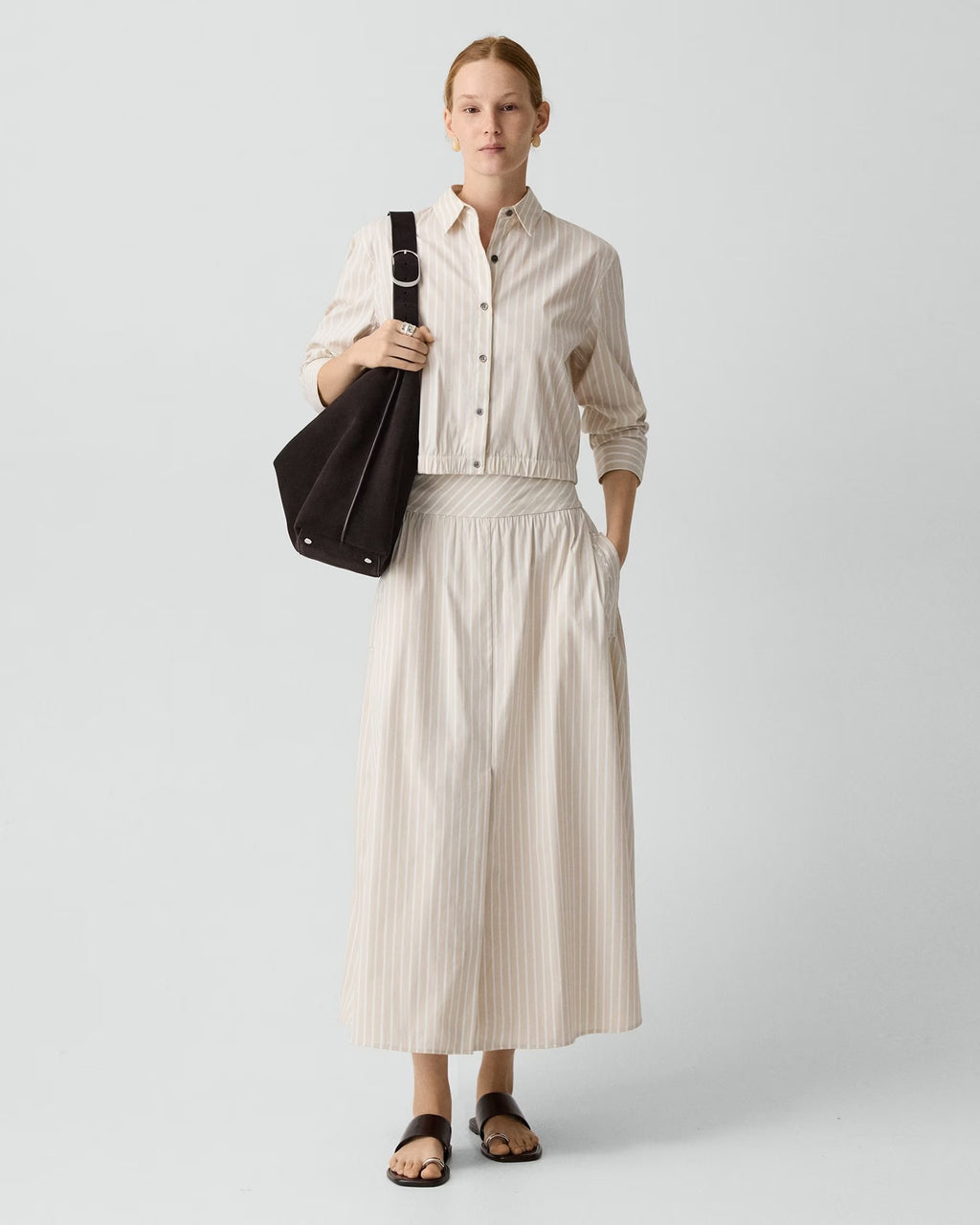 Theory Vented Skirt in Striped Cotton-Blend - Sand Multi