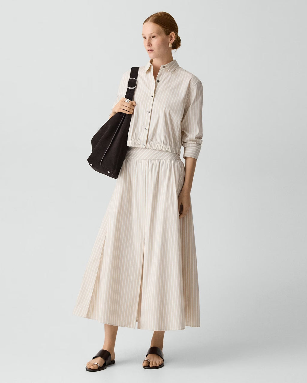 Theory Vented Skirt in Striped Cotton-Blend - Sand Multi