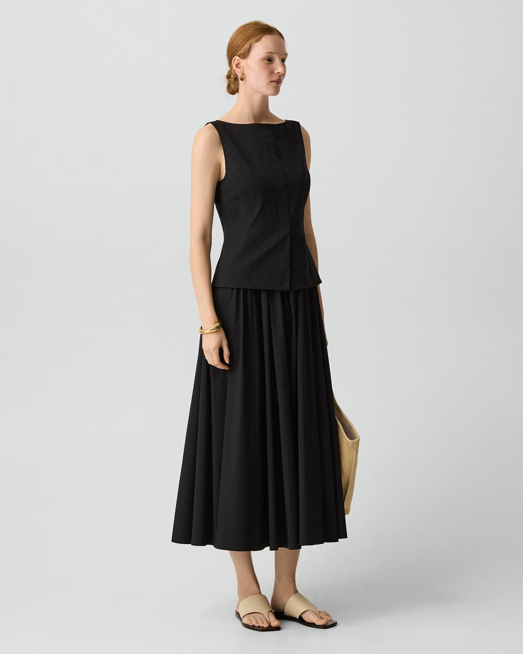 Theory Boatneck Midi Dress in Relaxed Poplin - Black