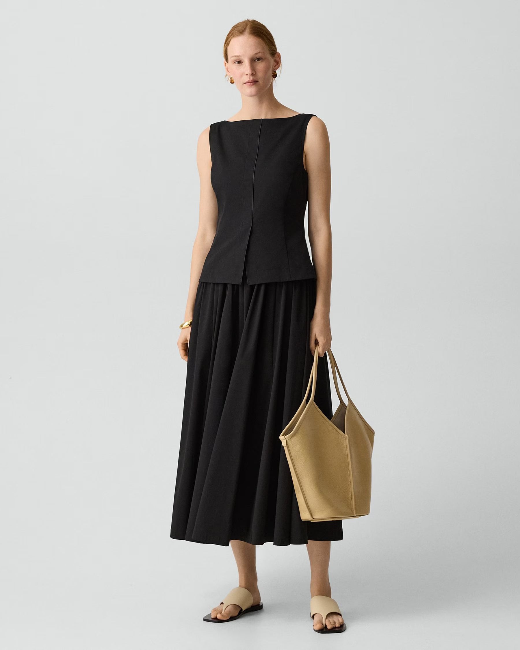 Theory Boatneck Midi Dress in Relaxed Poplin - Black