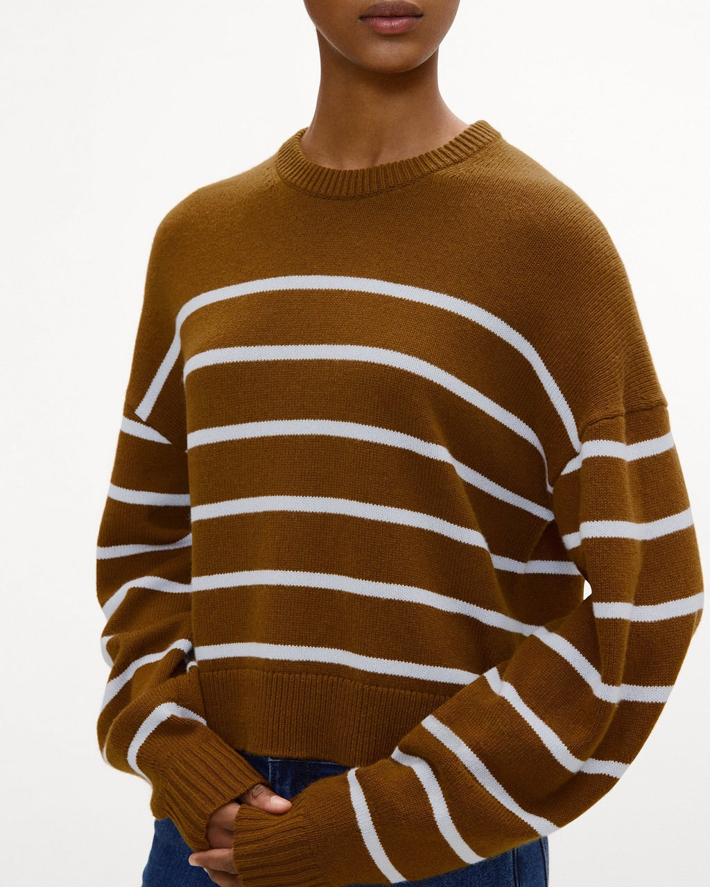 Theory Striped Crewneck Sweater in Cashmere - Deep Acacia Brown/ Cool Fog