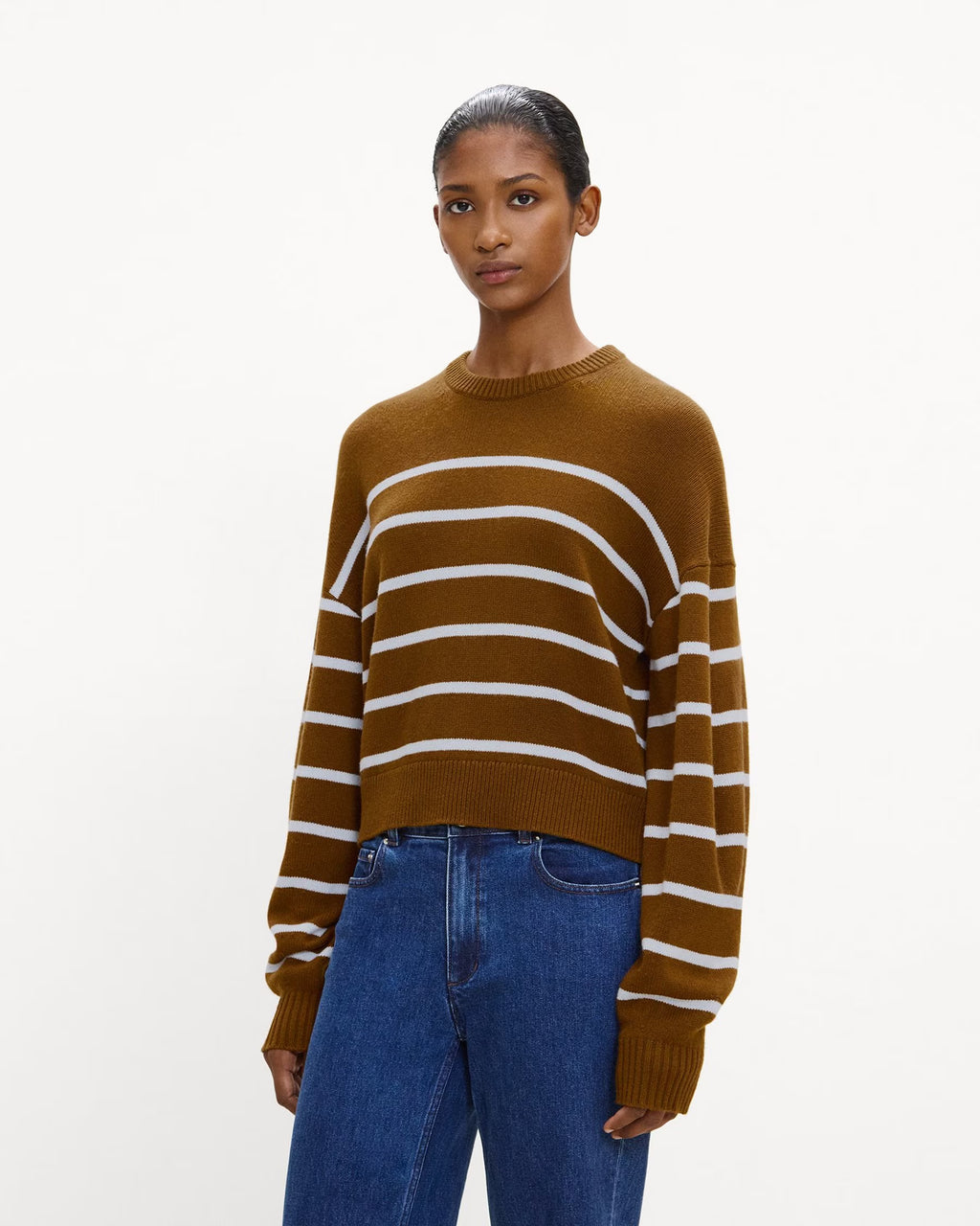 Theory Striped Crewneck Sweater in Cashmere - Deep Acacia Brown/ Cool Fog