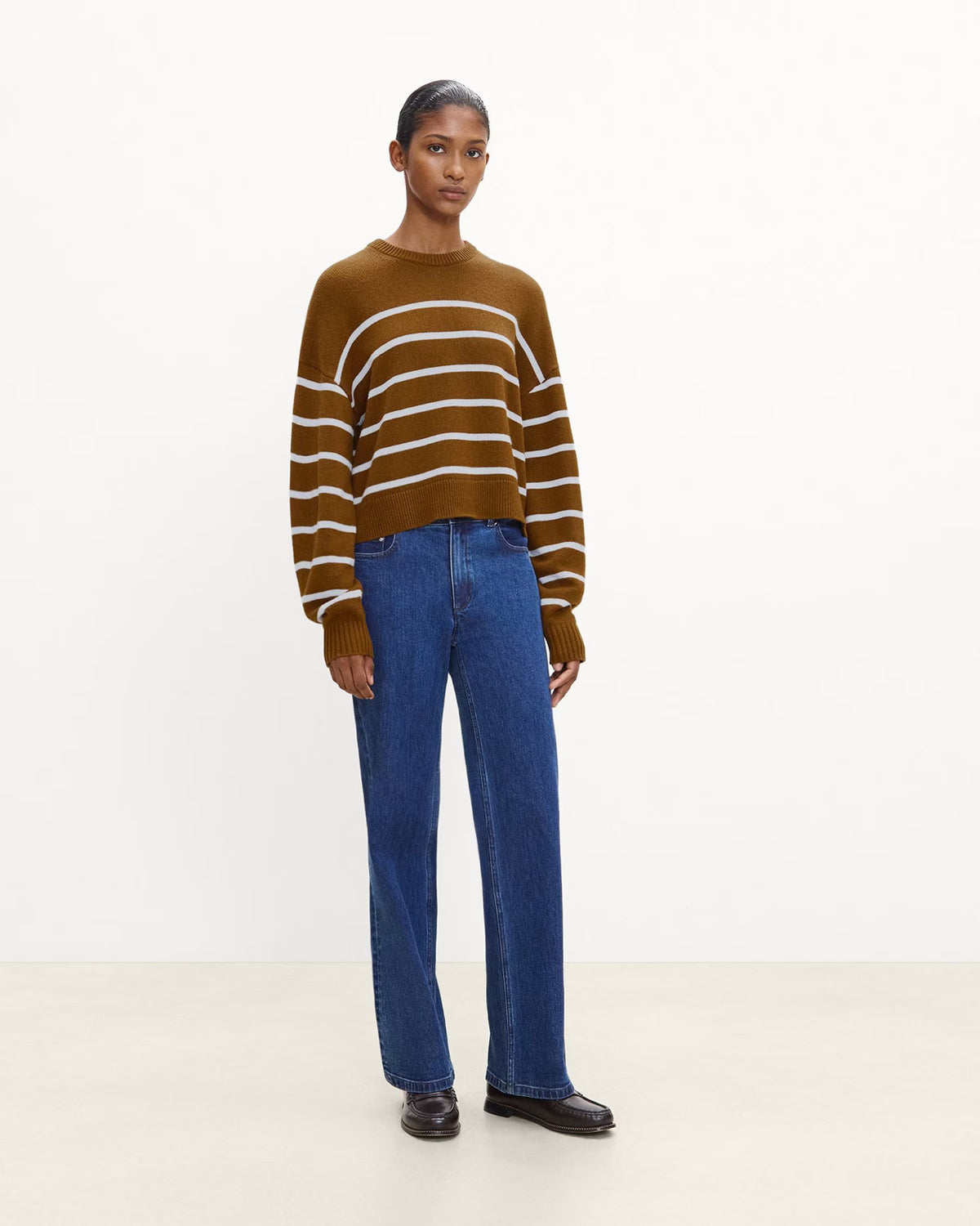 Theory Striped Crewneck Sweater in Cashmere - Deep Acacia Brown/ Cool Fog