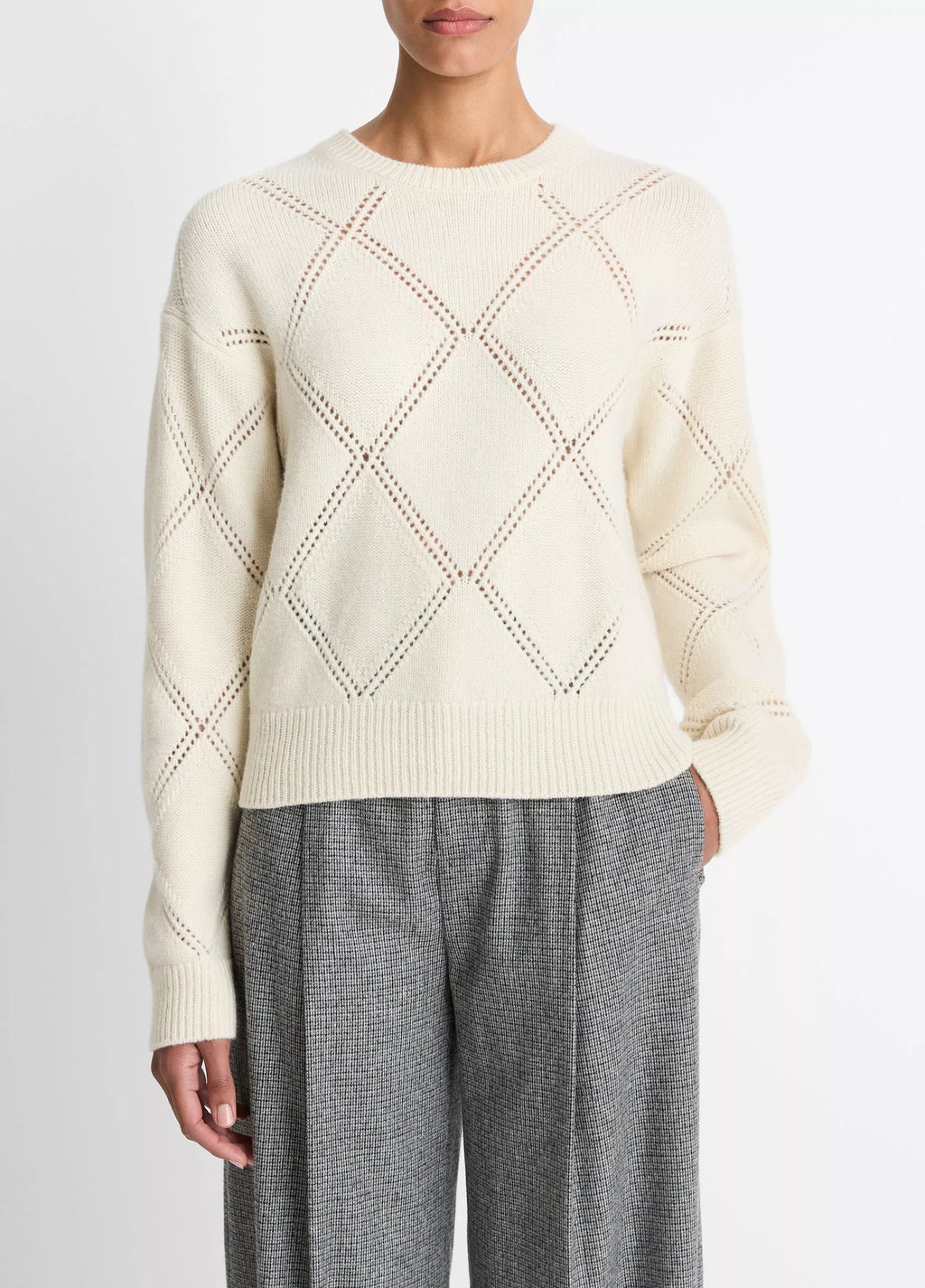Vince Textured Argyle Italian Wool Sweater - Cream