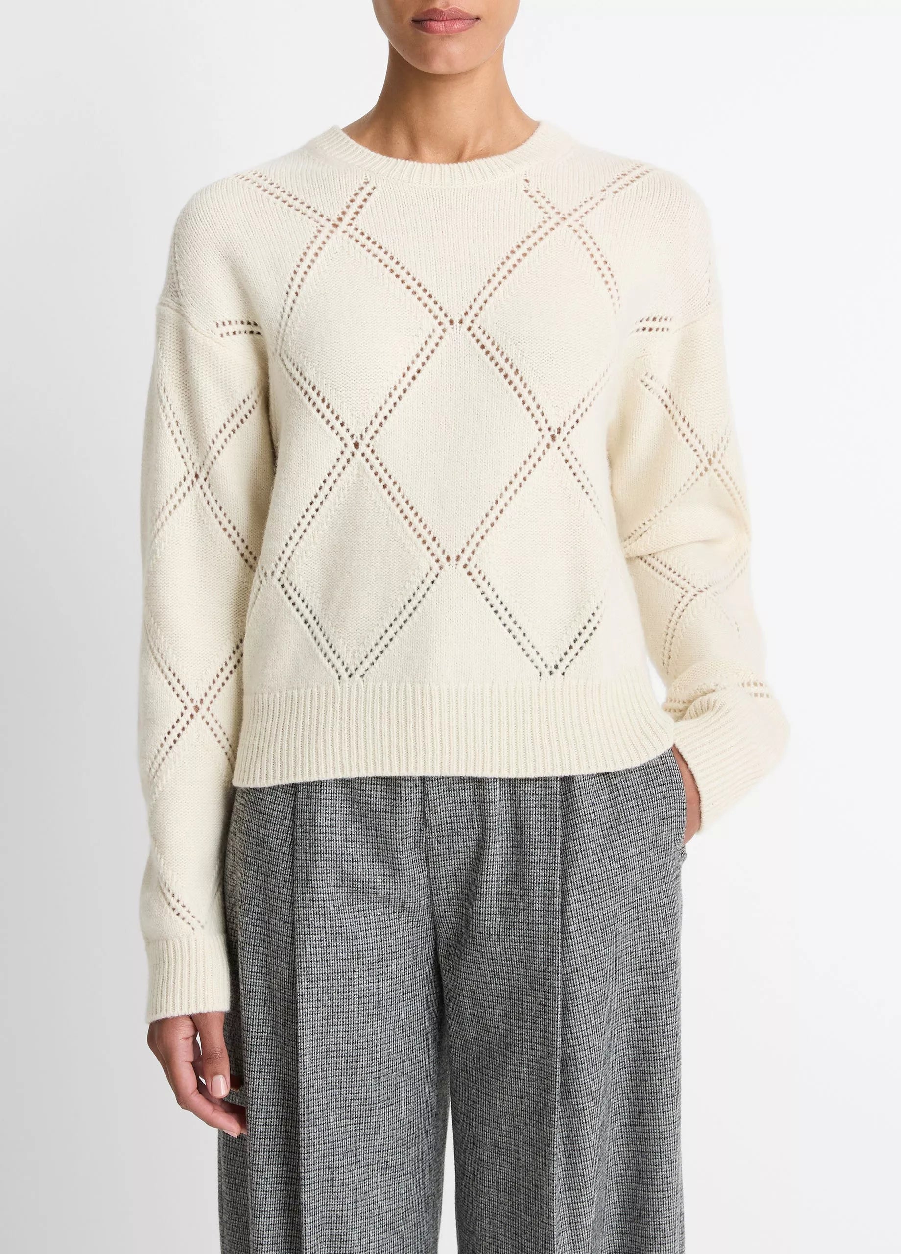 Vince Textured Argyle Italian Wool Sweater - Cream