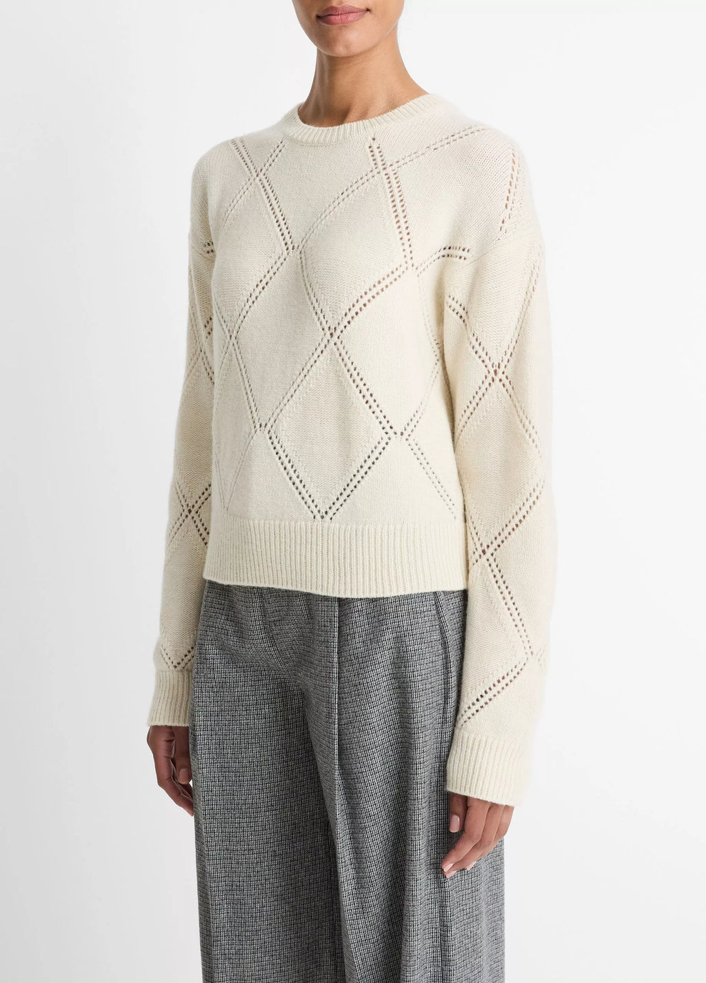 Vince Textured Argyle Italian Wool Sweater - Cream
