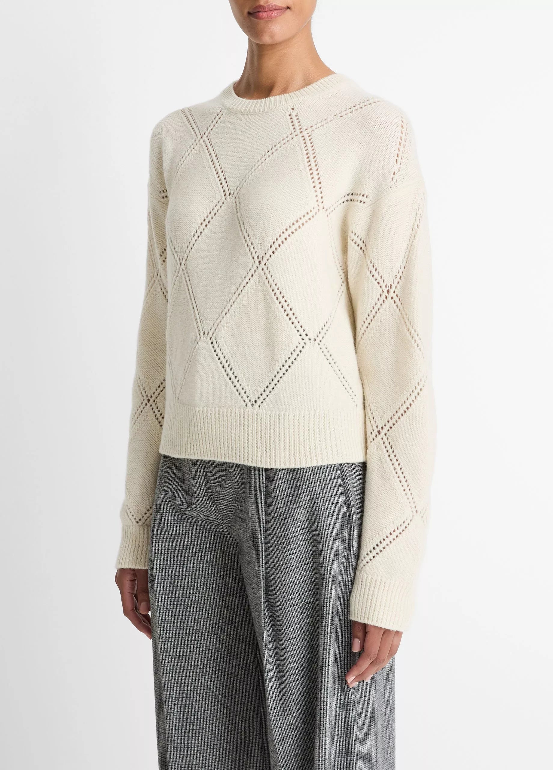 Vince Textured Argyle Italian Wool Sweater - Cream