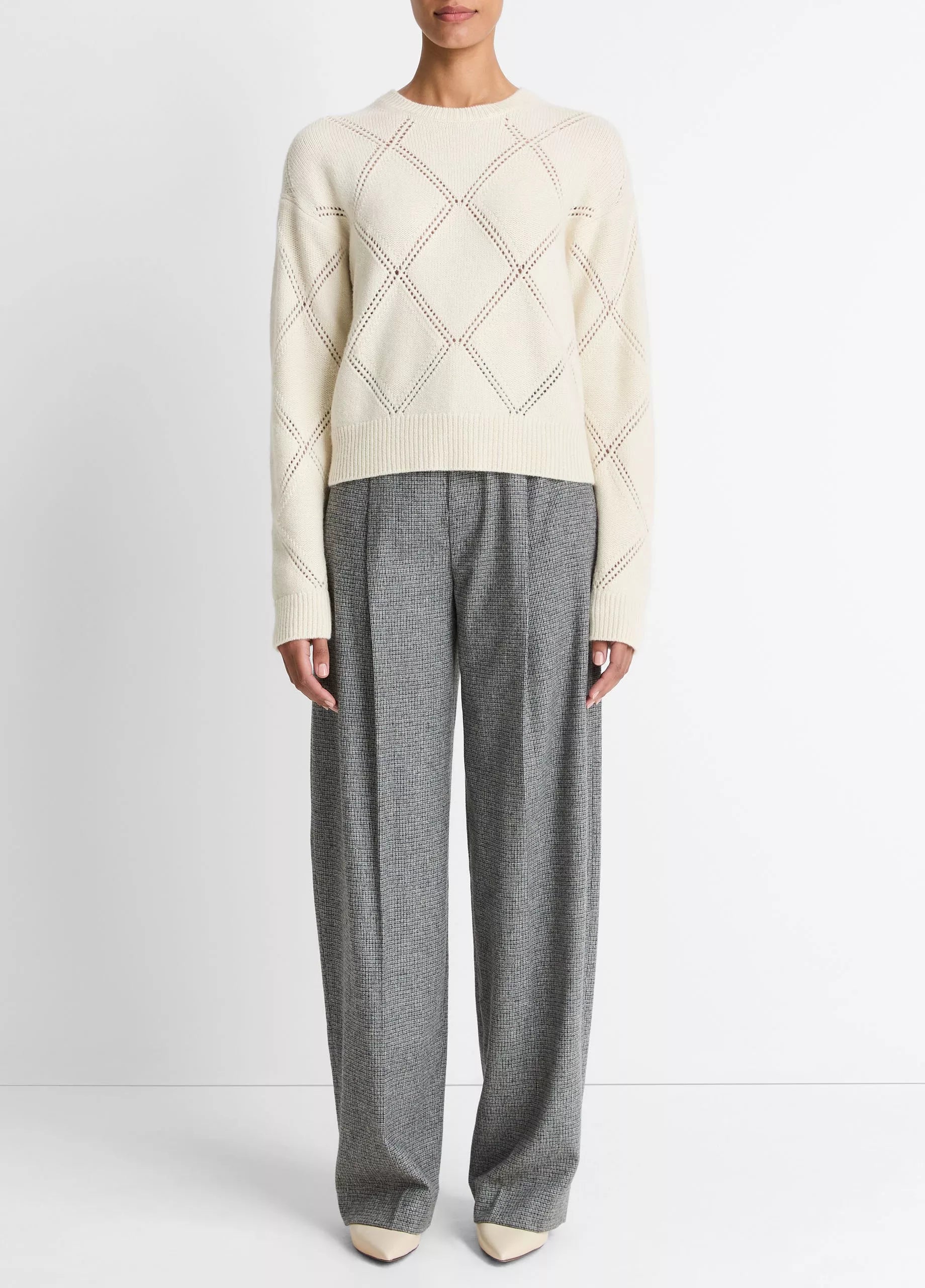 Vince Textured Argyle Italian Wool Sweater - Cream