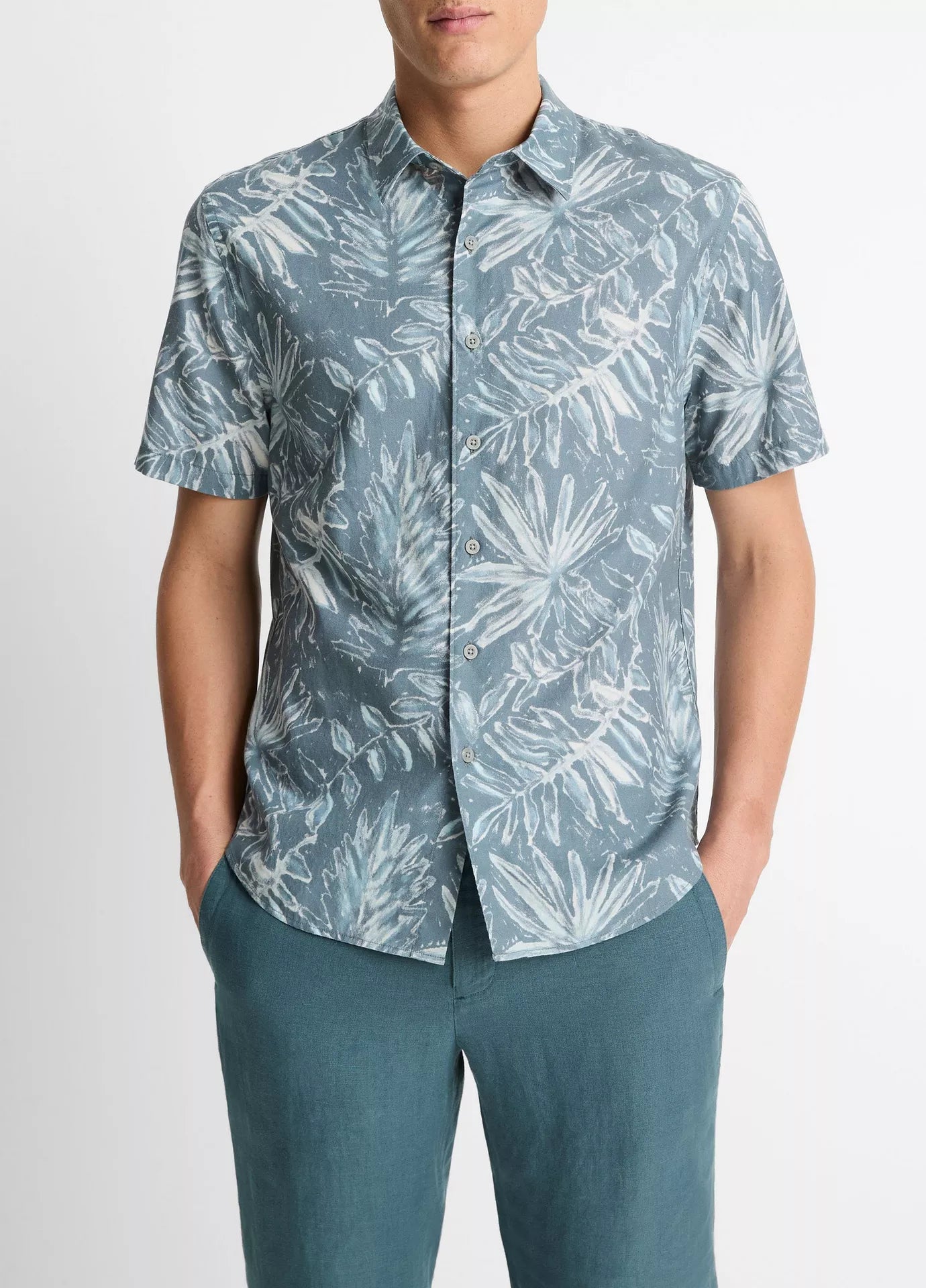 Vince Venice Palms Cotton-Blend Short-Sleeve Shirt - Marlin Teal/Light Sand