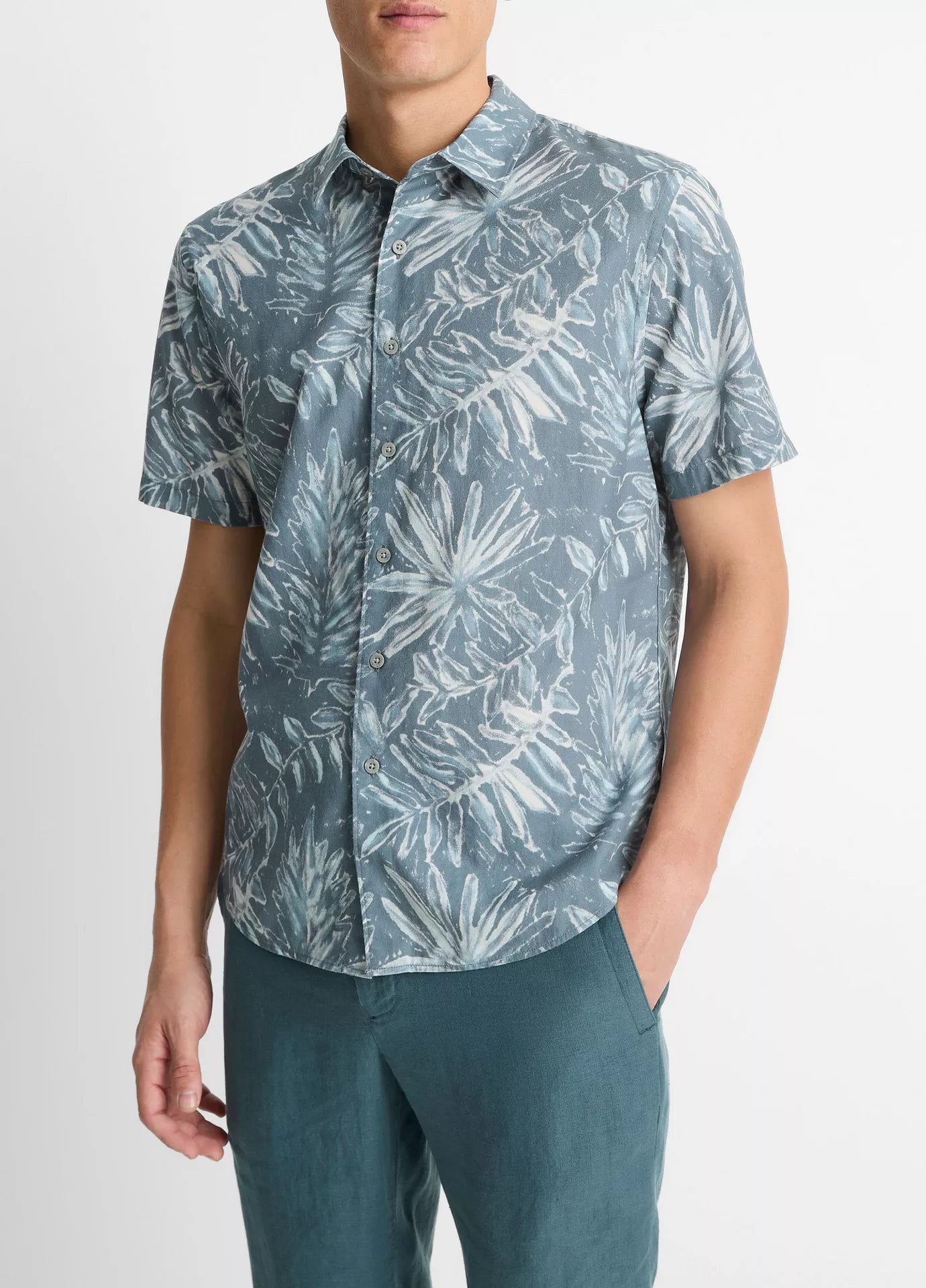 Vince Venice Palms Cotton-Blend Short-Sleeve Shirt - Marlin Teal/Light Sand