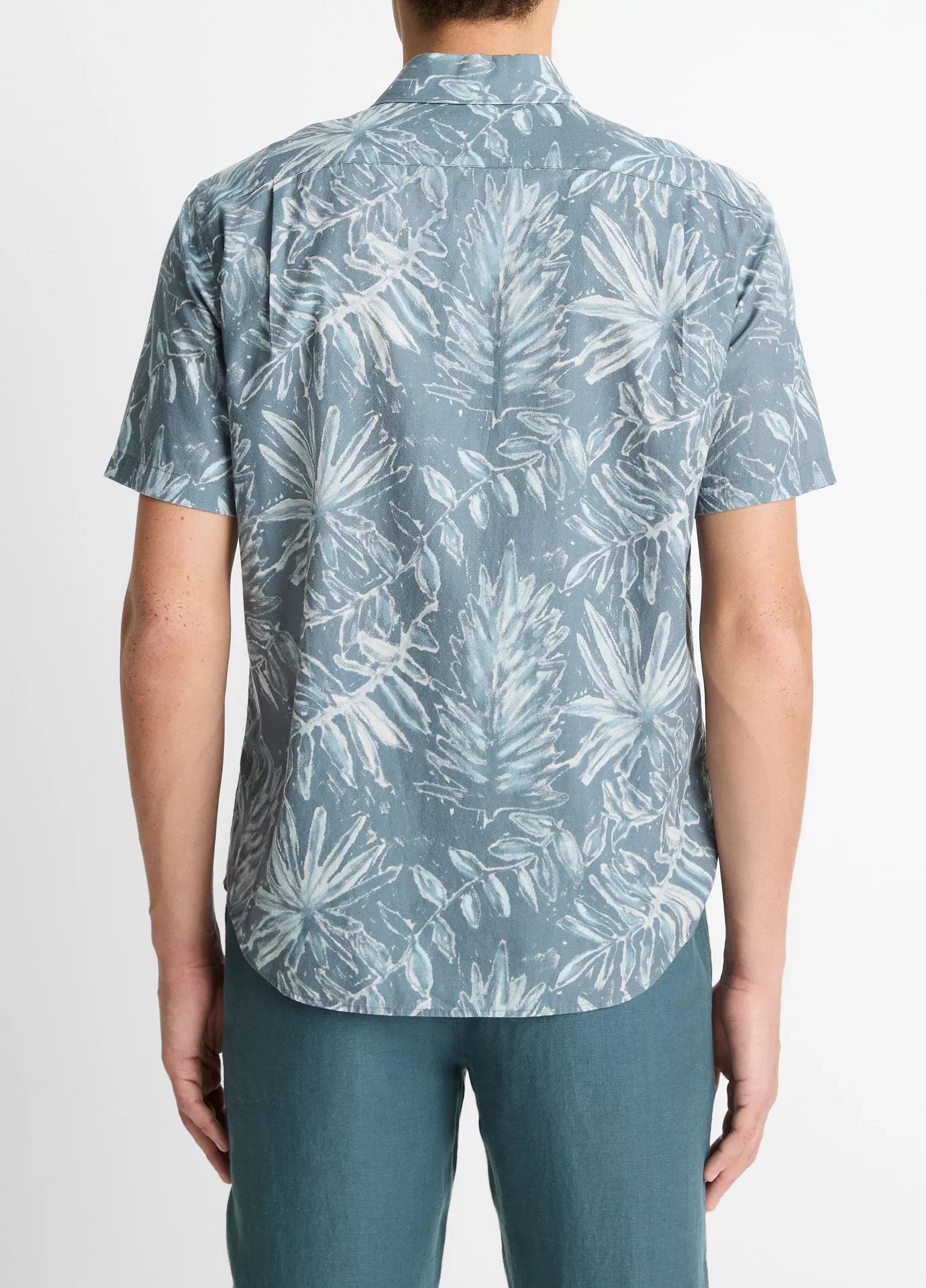 Vince Venice Palms Cotton-Blend Short-Sleeve Shirt - Marlin Teal/Light Sand
