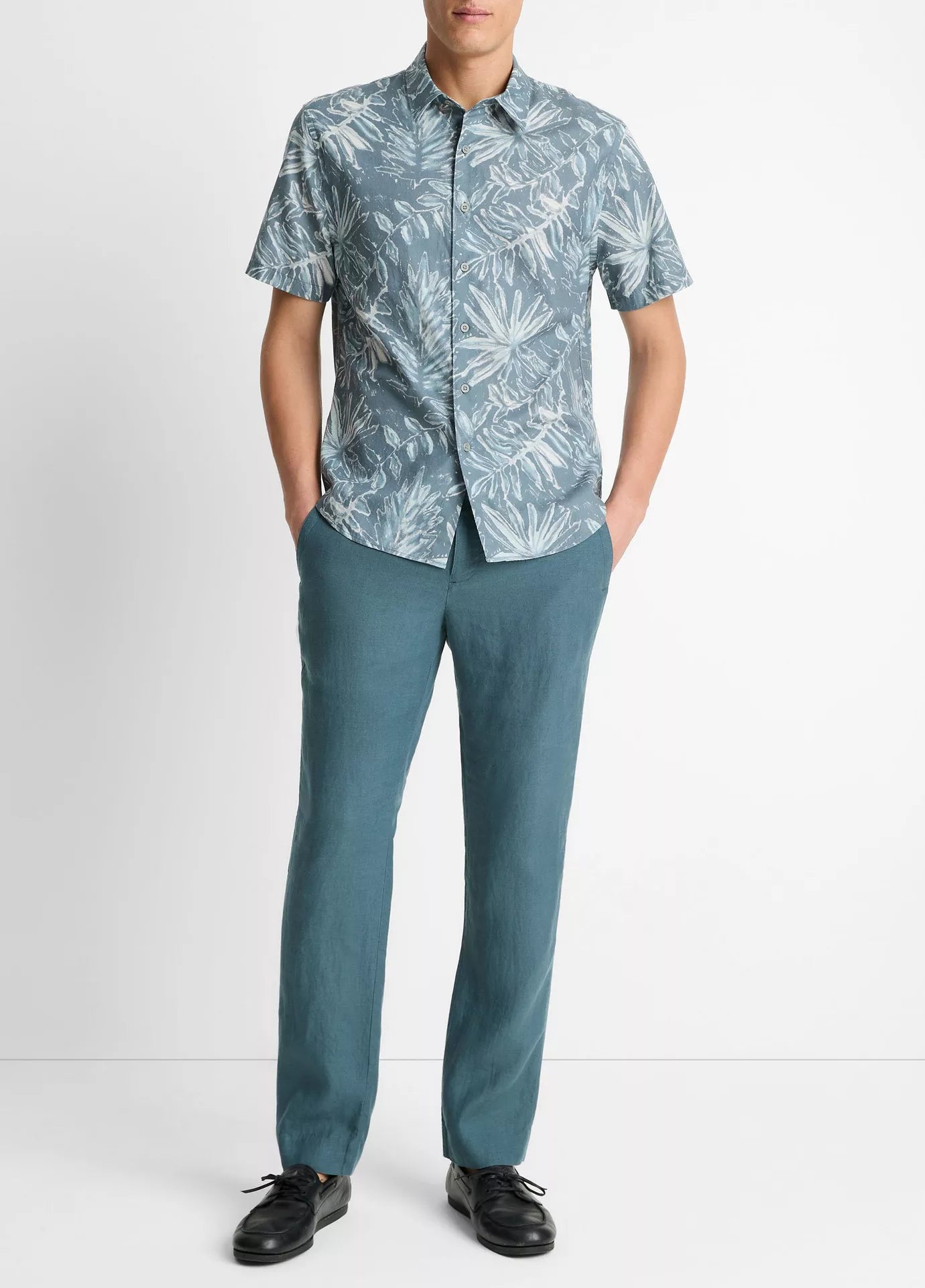 Vince Venice Palms Cotton-Blend Short-Sleeve Shirt - Marlin Teal/Light Sand