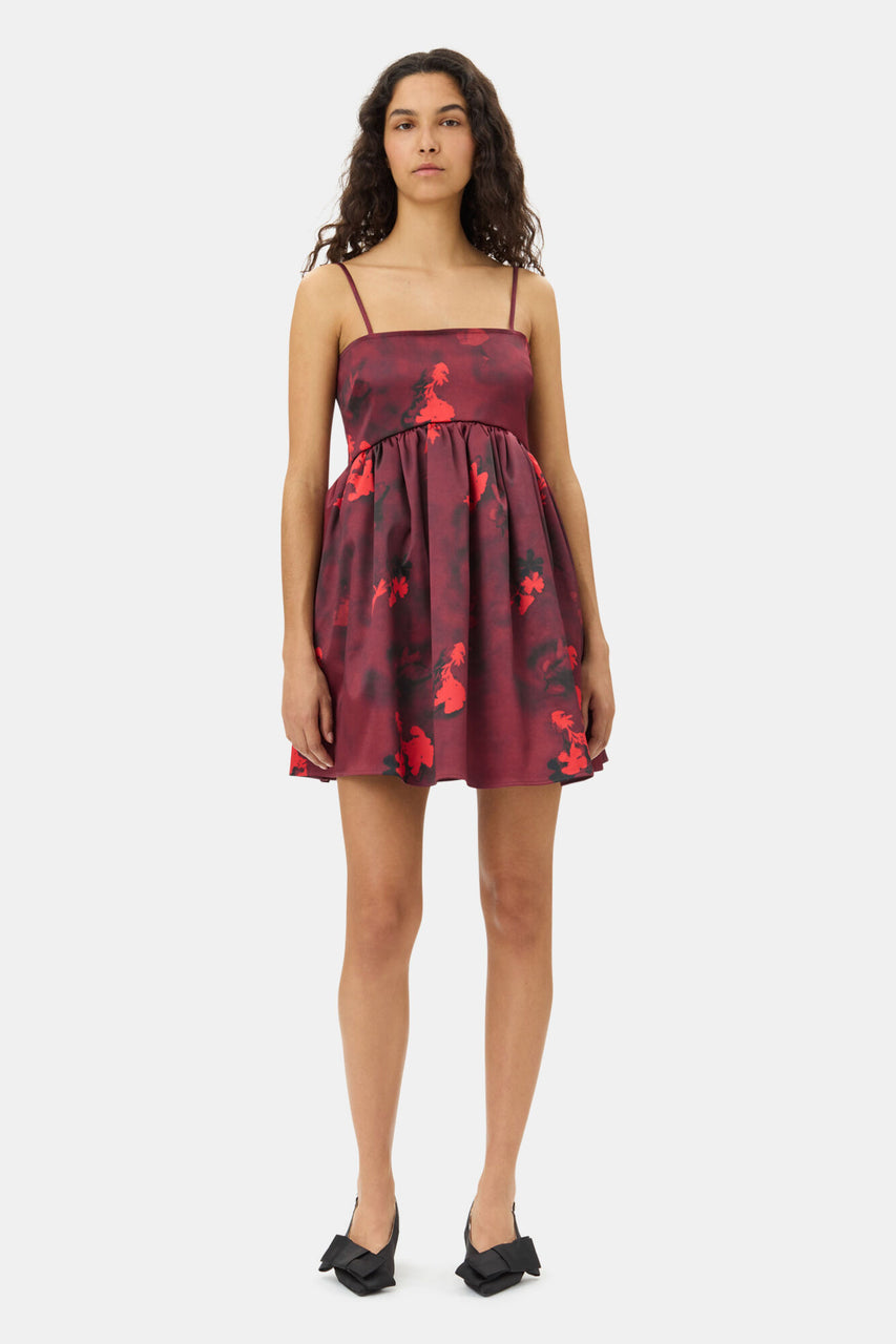 Ganni Red Floral Print Satin Strap Mini Dress