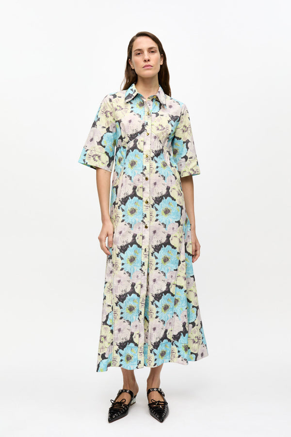 Ganni Floral Printed Cotton Long Shirt Dress