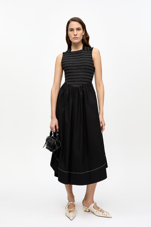 Ganni Black Washed Stretch Cotton Smock Midi Dress