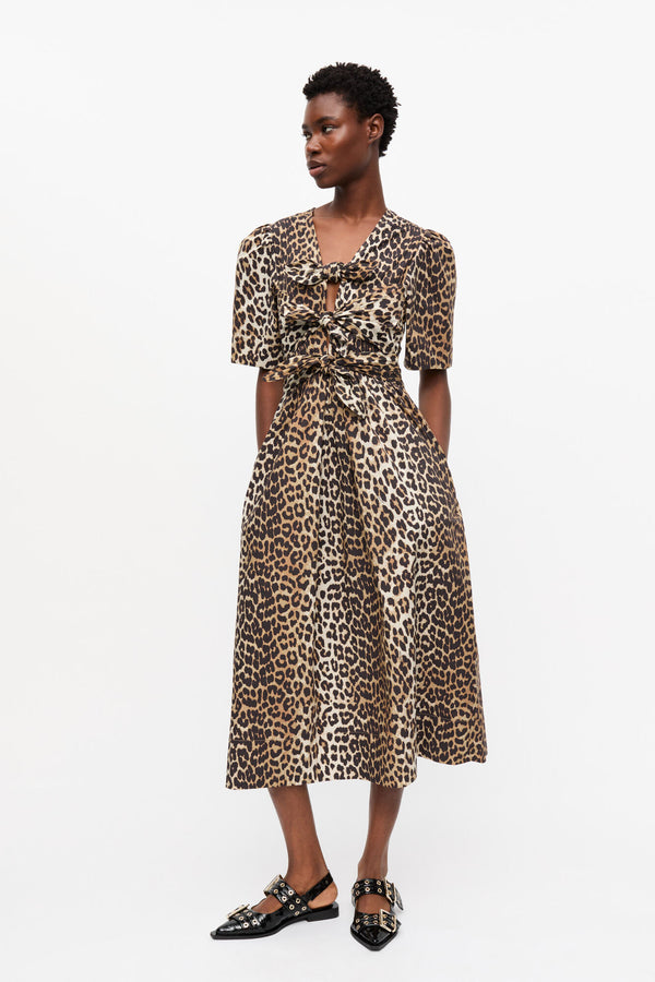 Ganni Leopard Printed Cotton Tie Strap Midi Dress