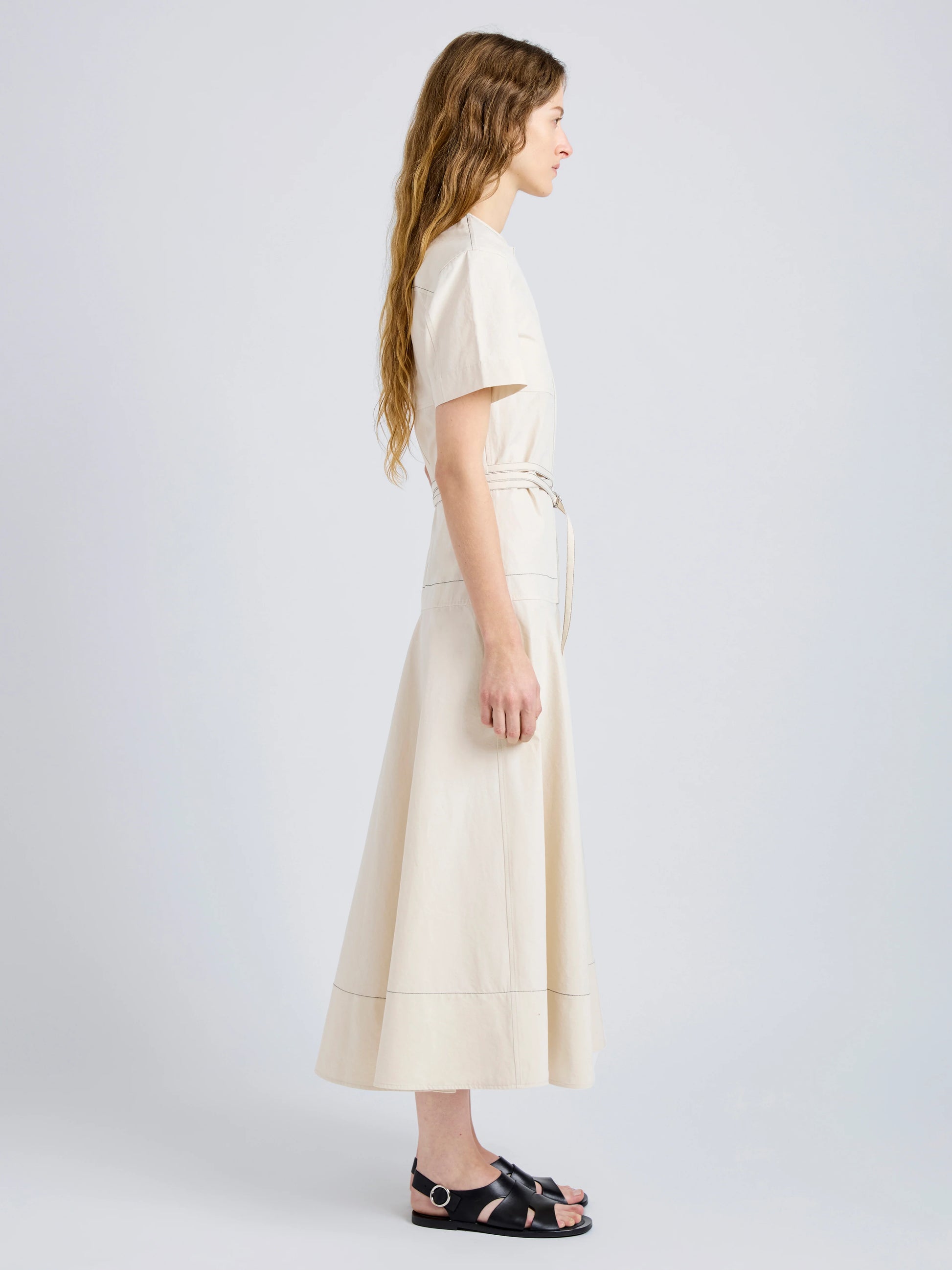 Proenza Schouler Elizabeth Seamed Belted Midi Dress, Barley Melange, Women's, 4