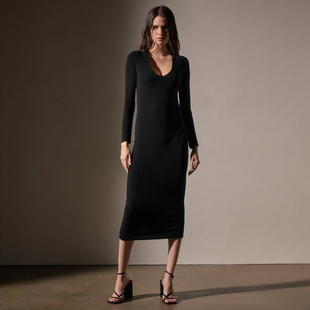 James Perse Stretch lotus Deep V Dress- Black