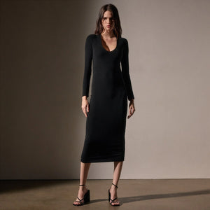 James Perse Stretch lotus Deep V Dress- Black
