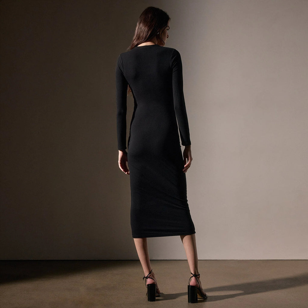James Perse Stretch lotus Deep V Dress- Black
