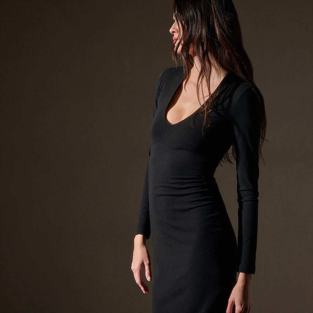 James Perse Stretch lotus Deep V Dress- Black
