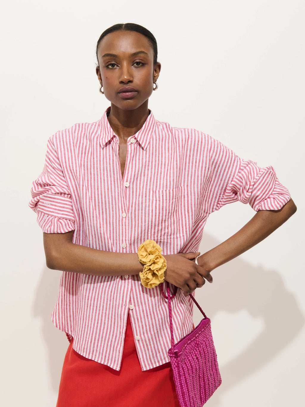 Alex Mill Jo Striped Shirt In Linen - Chili/Ivory