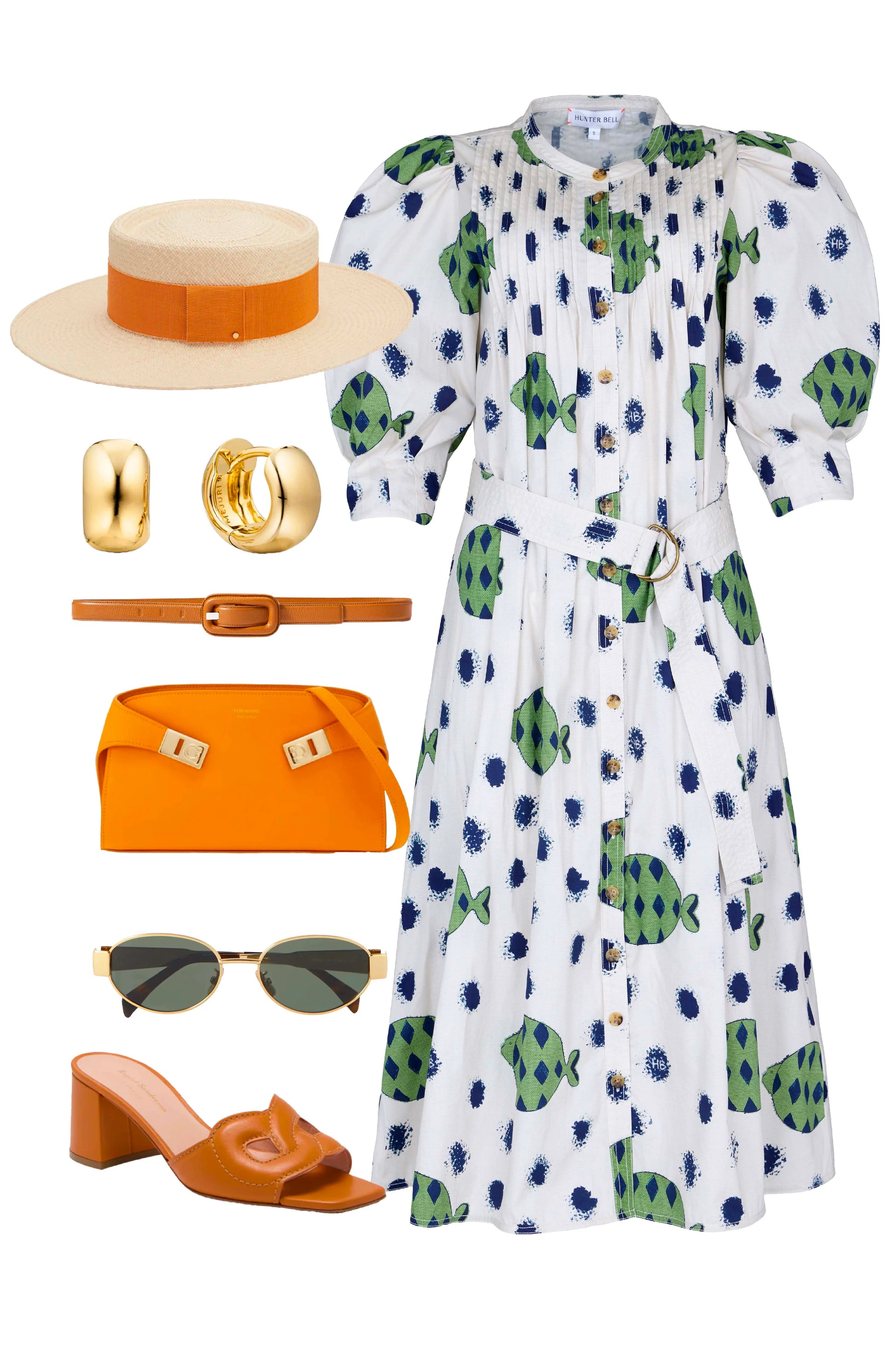 Hunter Bell Lyle Dress Belted Fish Print Midi Dress