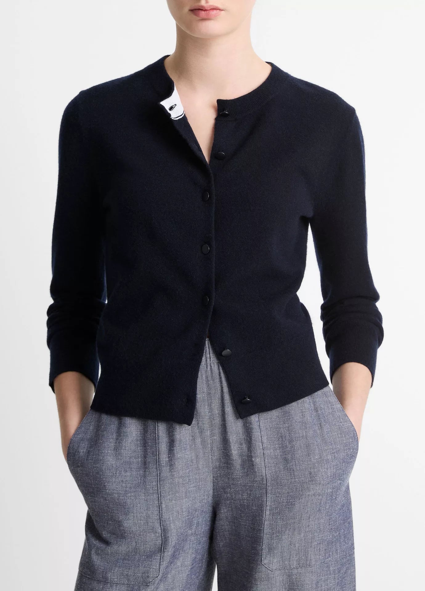 Vince Wool & Cashmere-Blend Tipped Half-Moon Cardigan - Coastal Blue/Optic White